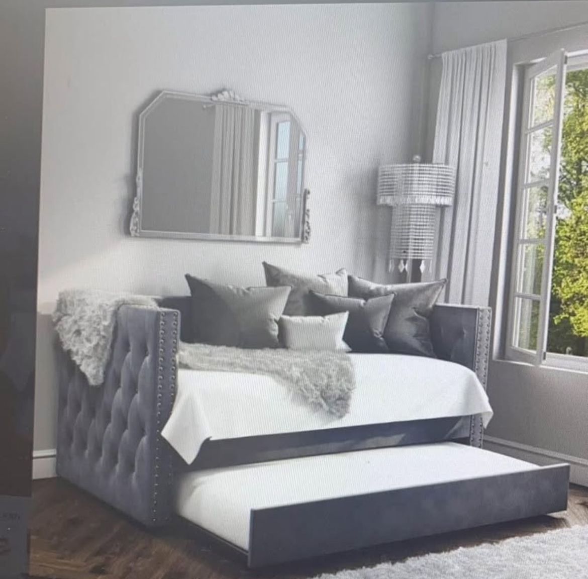Single Day Bed With Trundle In Dark Grey Velvet + 2 Single Mattresses. photo for sale