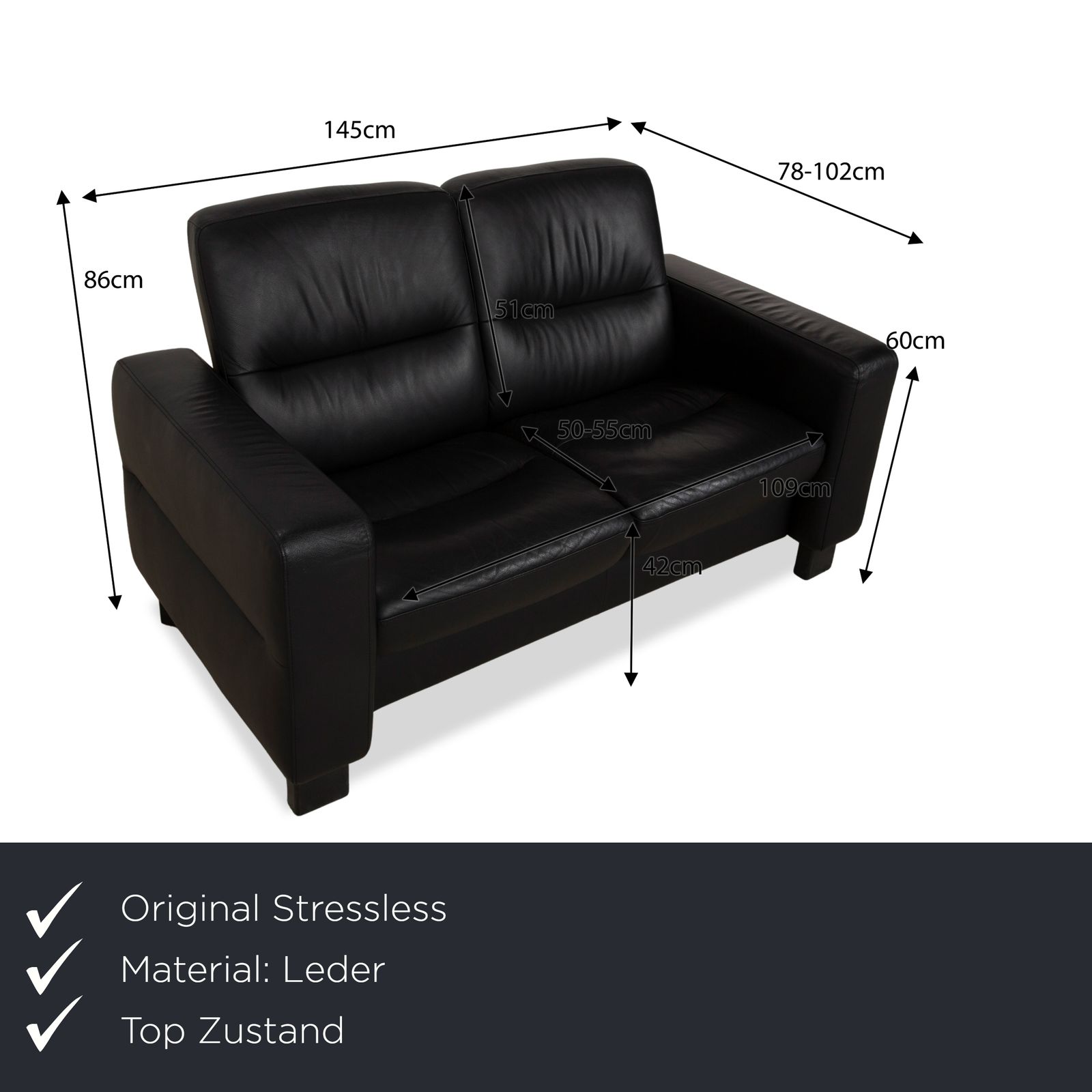 Stressless Wave Leren Tweezitsbank Zwart – Handmatige Functie photo furniture