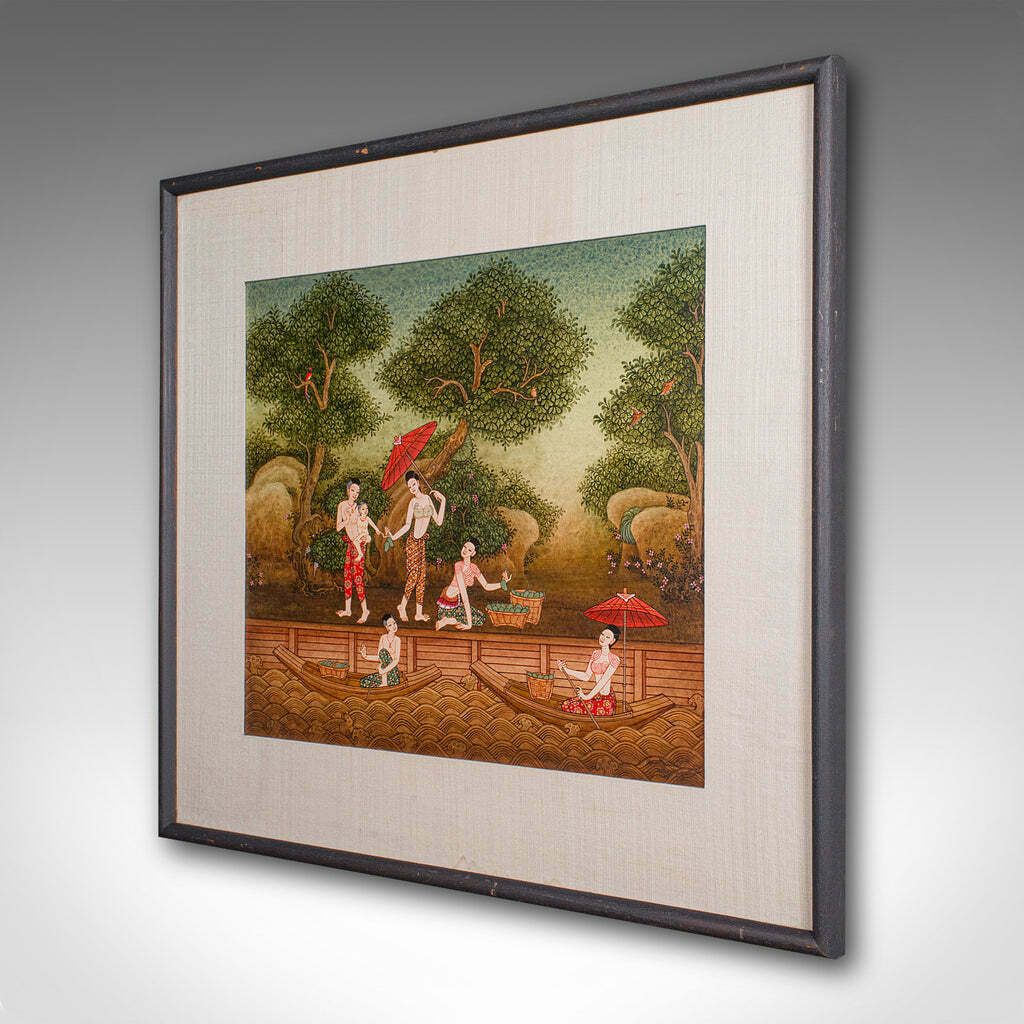 Vintage Far Eastern Painting, Thai, Framed Gouache, Folk Art, Female Figures photo for sale