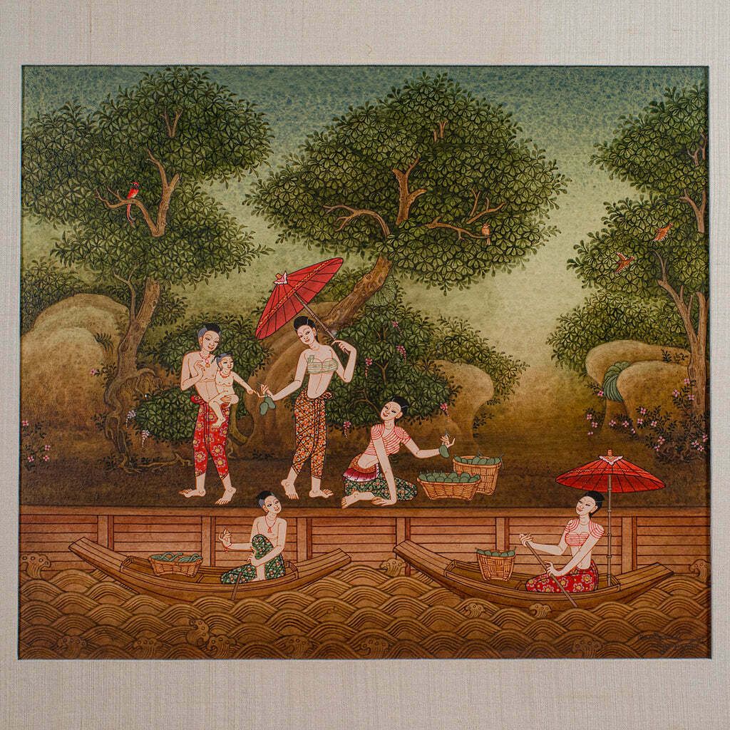 Vintage Far Eastern Painting, Thai, Framed Gouache, Folk Art, Female Figures photo Art