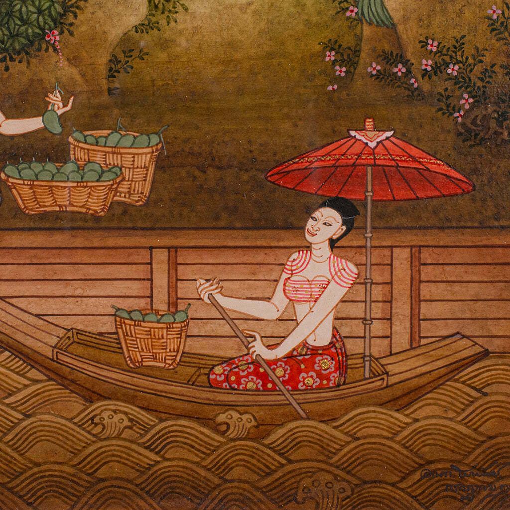 Vintage Far Eastern Painting, Thai, Framed Gouache, Folk Art, Female Figures photo vinterior