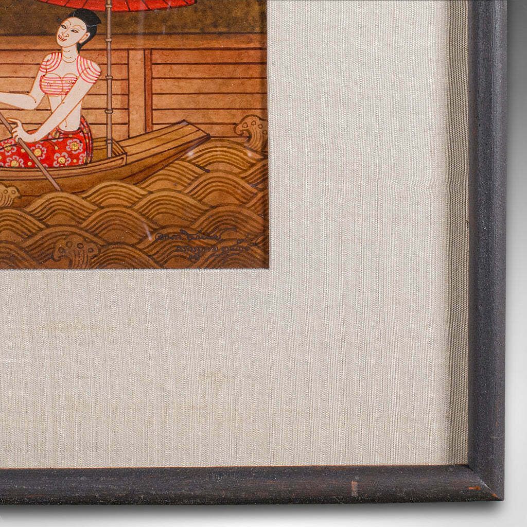 Vintage Far Eastern Painting, Thai, Framed Gouache, Folk Art, Female Figures photo vintage