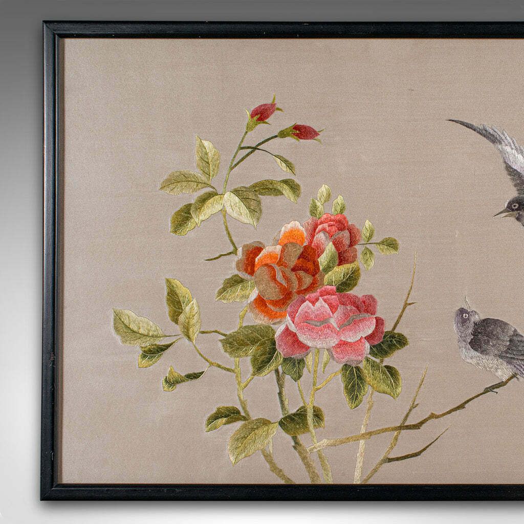 Vintage Framed Bird Scene, Japanese, Silk Cotton Embroidery, Art Deco, C.1940 photo Art