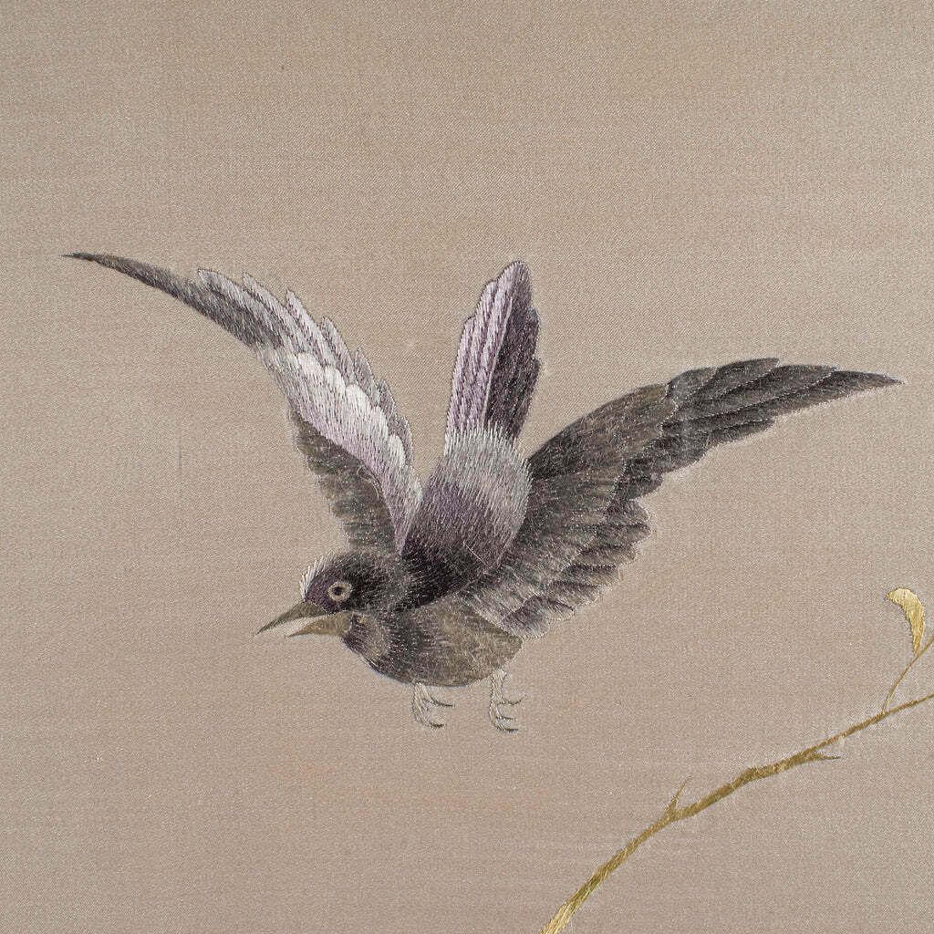 Vintage Framed Bird Scene, Japanese, Silk Cotton Embroidery, Art Deco, C.1940 photo vinterior