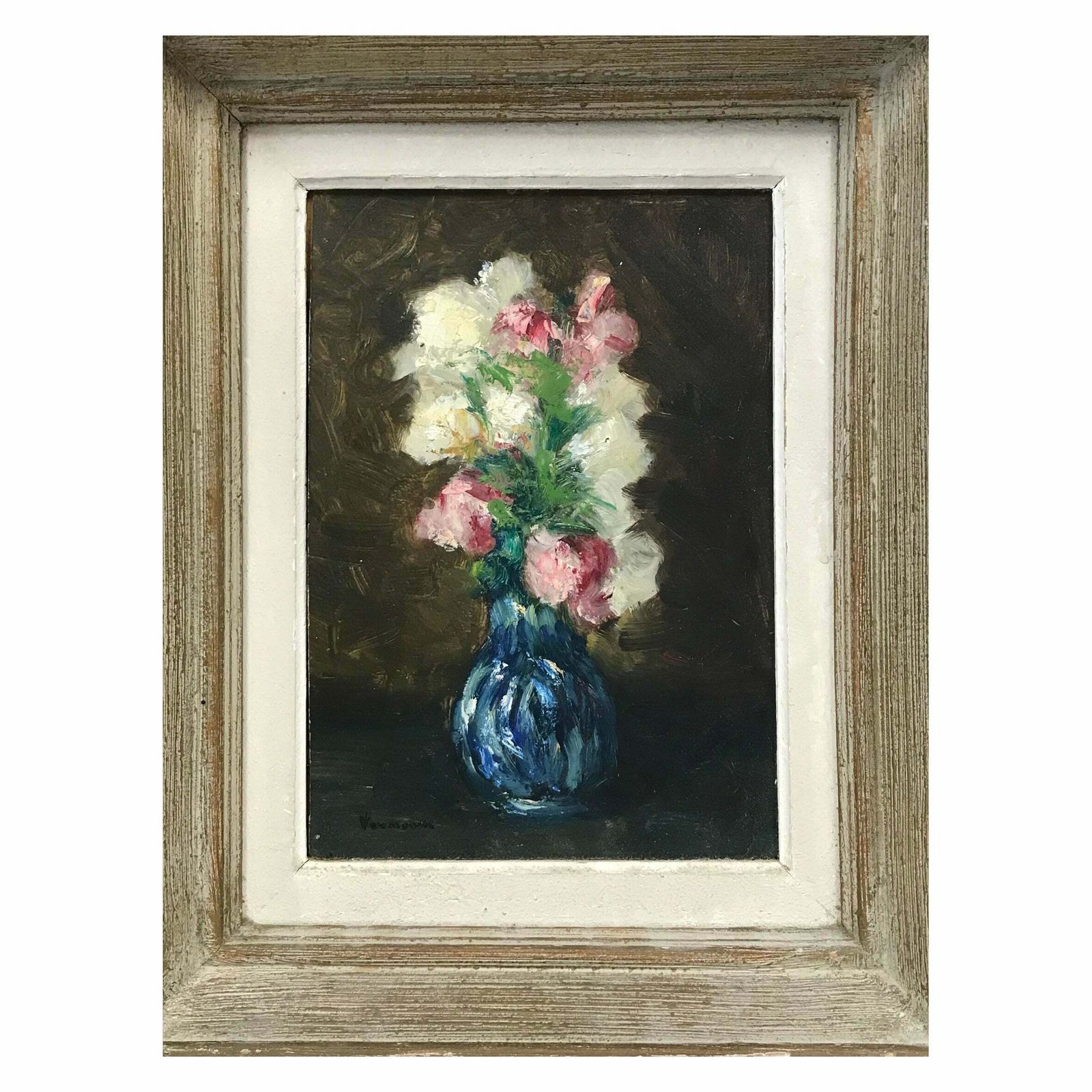 French Schoolmid Century French Impressionist Signed Oil Pretty Flowers In Blue Vasec. 1950's