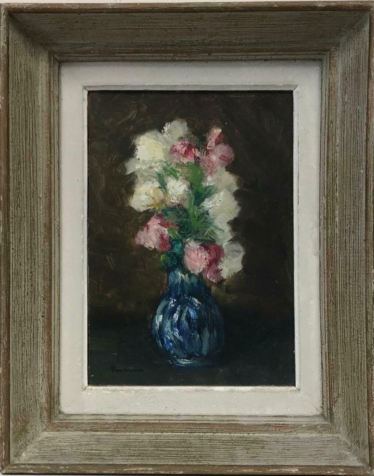 French Schoolmid Century French Impressionist Signed Oil Pretty Flowers In Blue Vasec. 1950's photo furniture