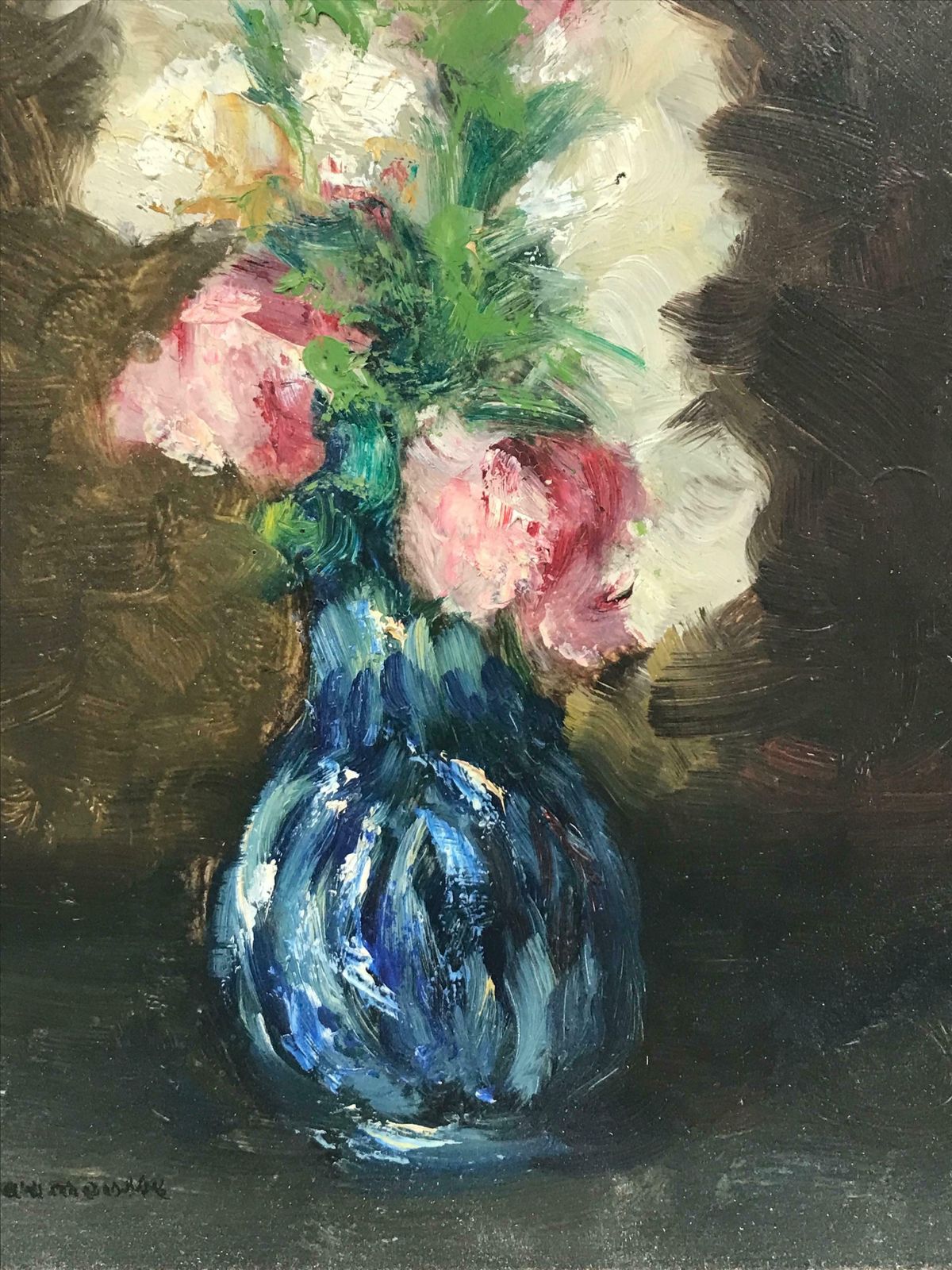 French Schoolmid Century French Impressionist Signed Oil Pretty Flowers In Blue Vasec. 1950's photo for sale