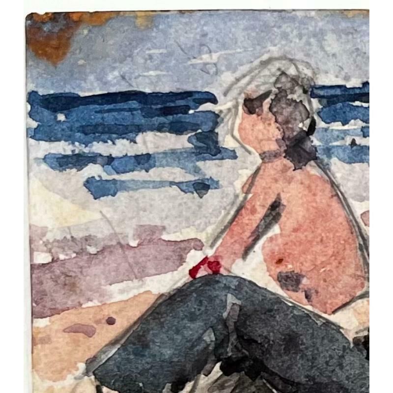 Unknownfrench Impressionist Watercolor Landscape   "Bathers Enjoying A Day By The Sea"20th Century photo 331.0