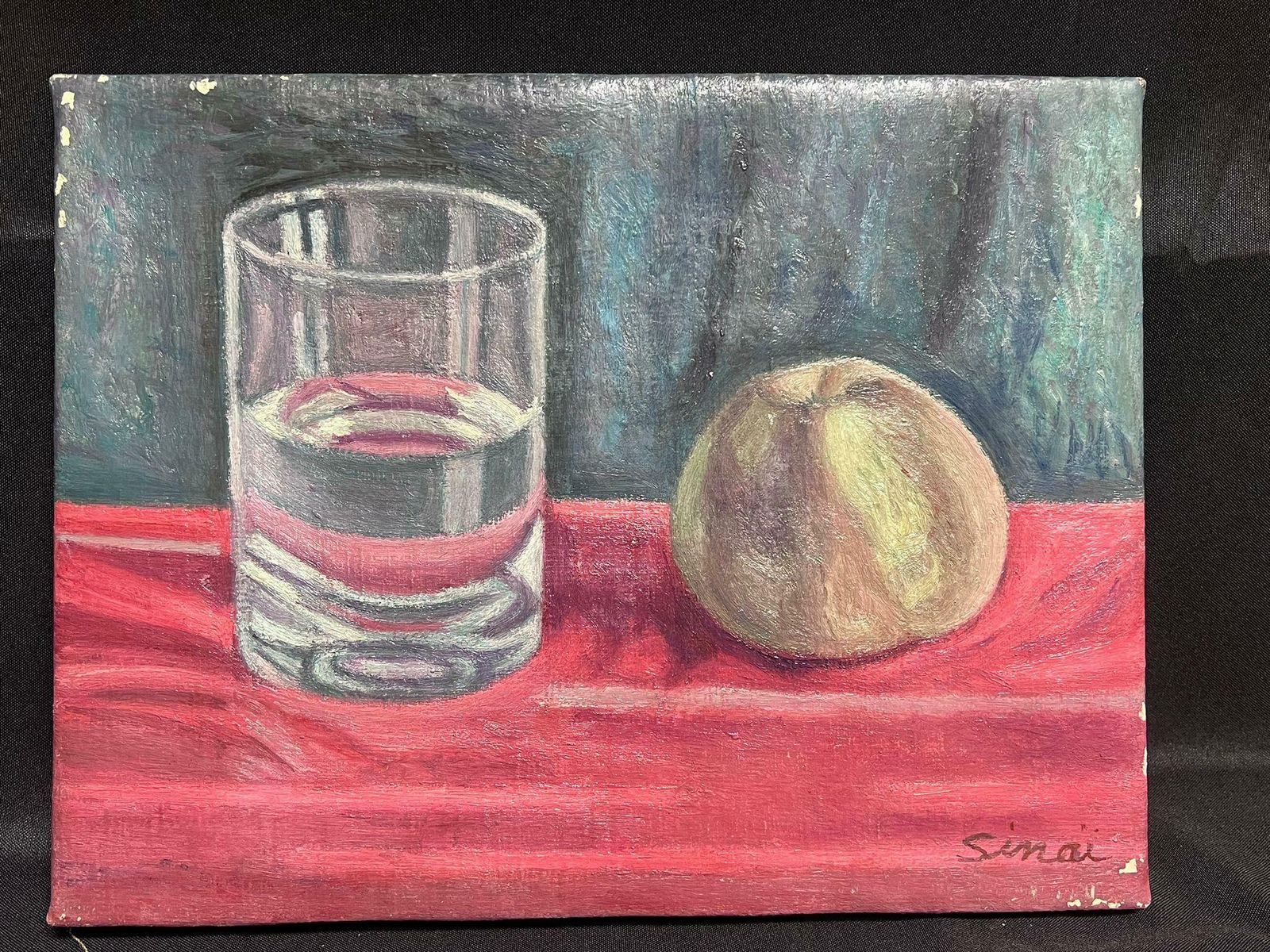 French Schoolpost Impressionist Signed Oil Still Life Apple & Water Glass 20th Century photo 357.0
