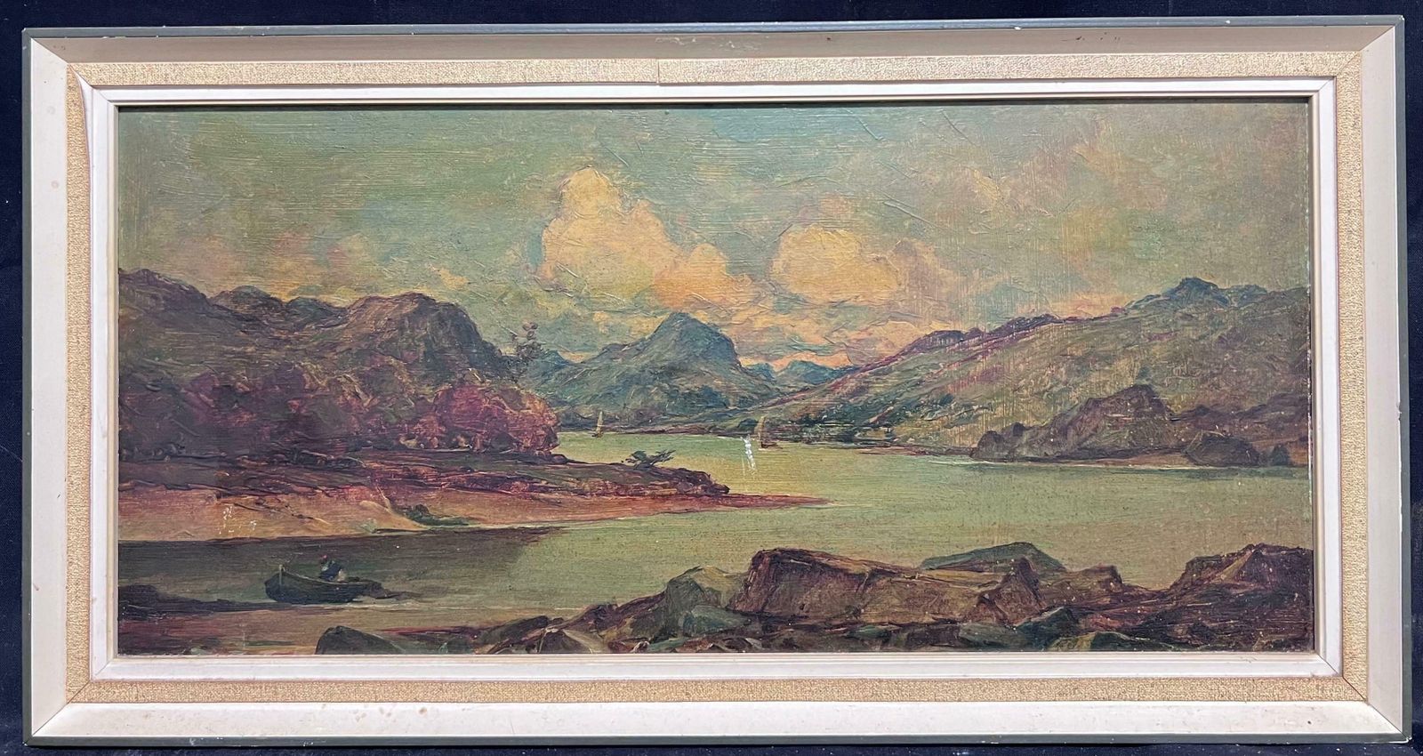 Alex Frasermountainous Landscape Loch Maree Scotland With Boats Serene Antique Oil Painting19th photo furniture
