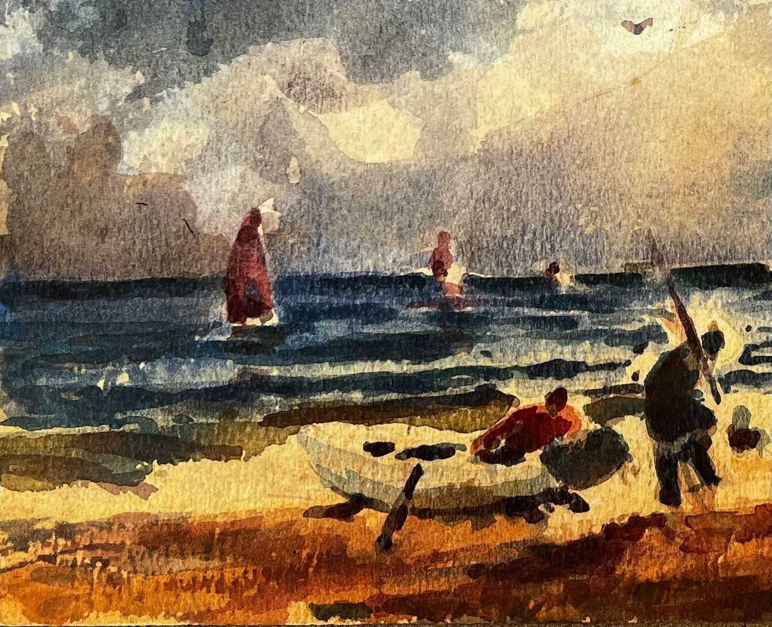 Unknownfrench Impressionist Watercolor Landscape   Fishermen By The Sea With Sailboats20th Century photo Art