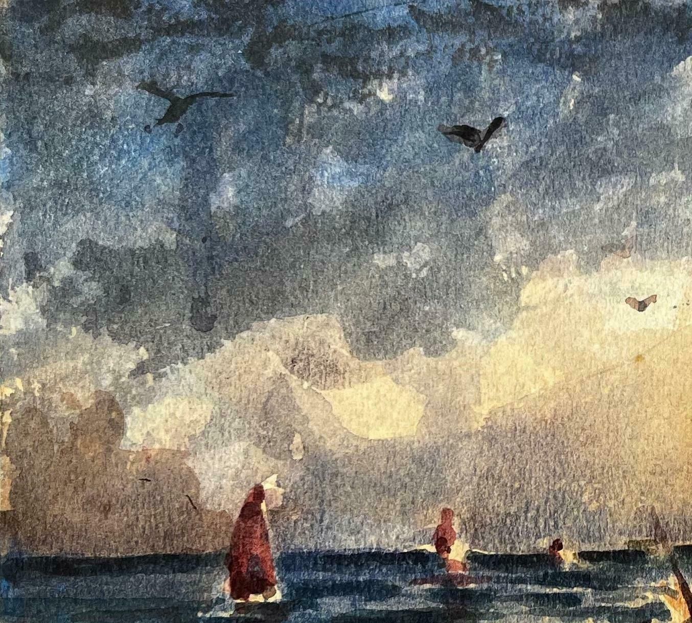 Unknownfrench Impressionist Watercolor Landscape   Fishermen By The Sea With Sailboats20th Century photo 280.0