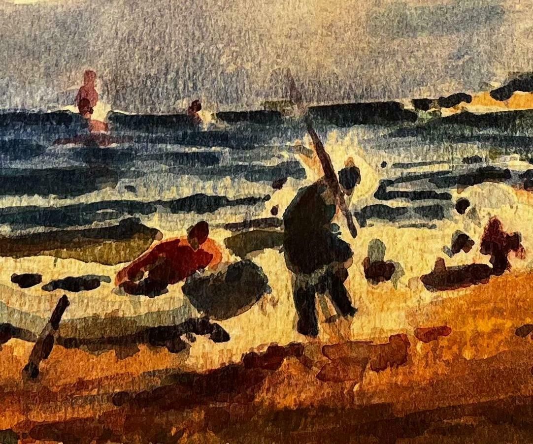 Unknownfrench Impressionist Watercolor Landscape   Fishermen By The Sea With Sailboats20th Century photo vinterior