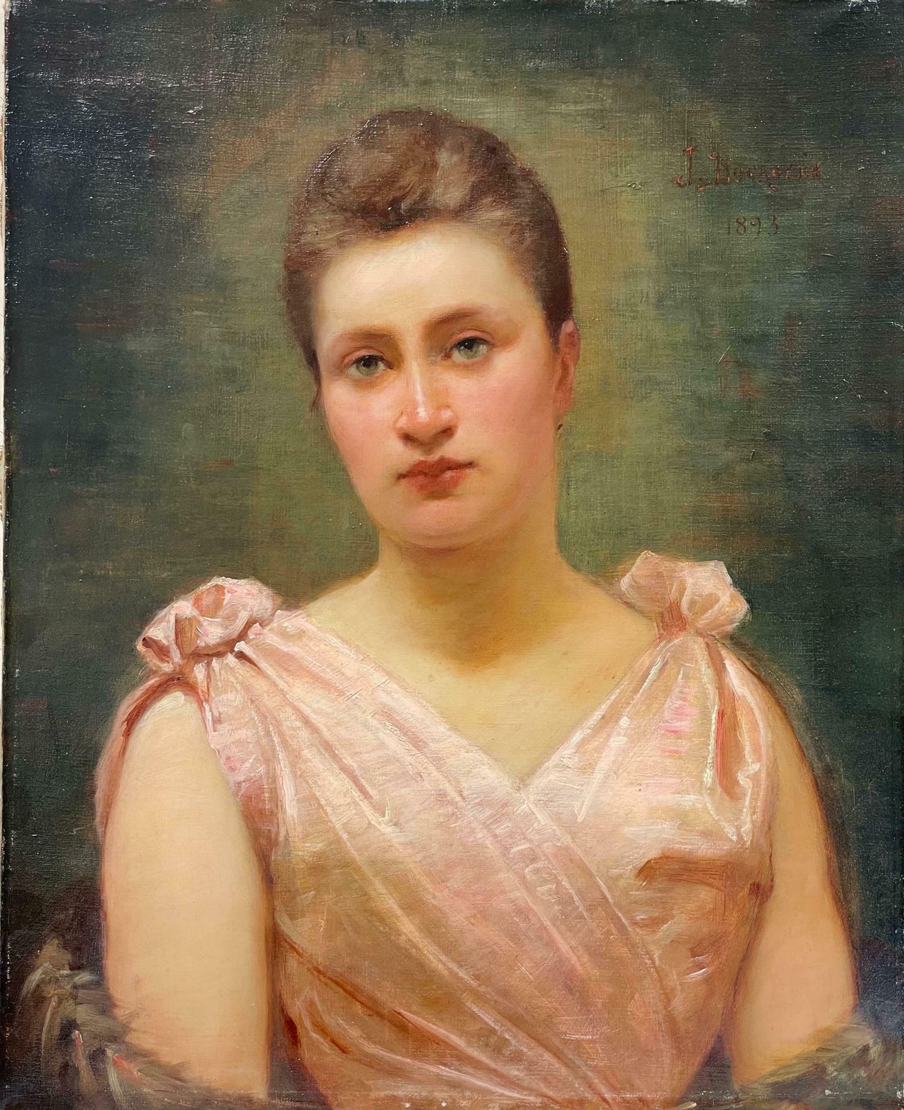 French Belle Epoqueoriginal 1890s French Belle Epoque Period Signed Oil Portrait Lady In Pink Dressc. 1893 photo for sale