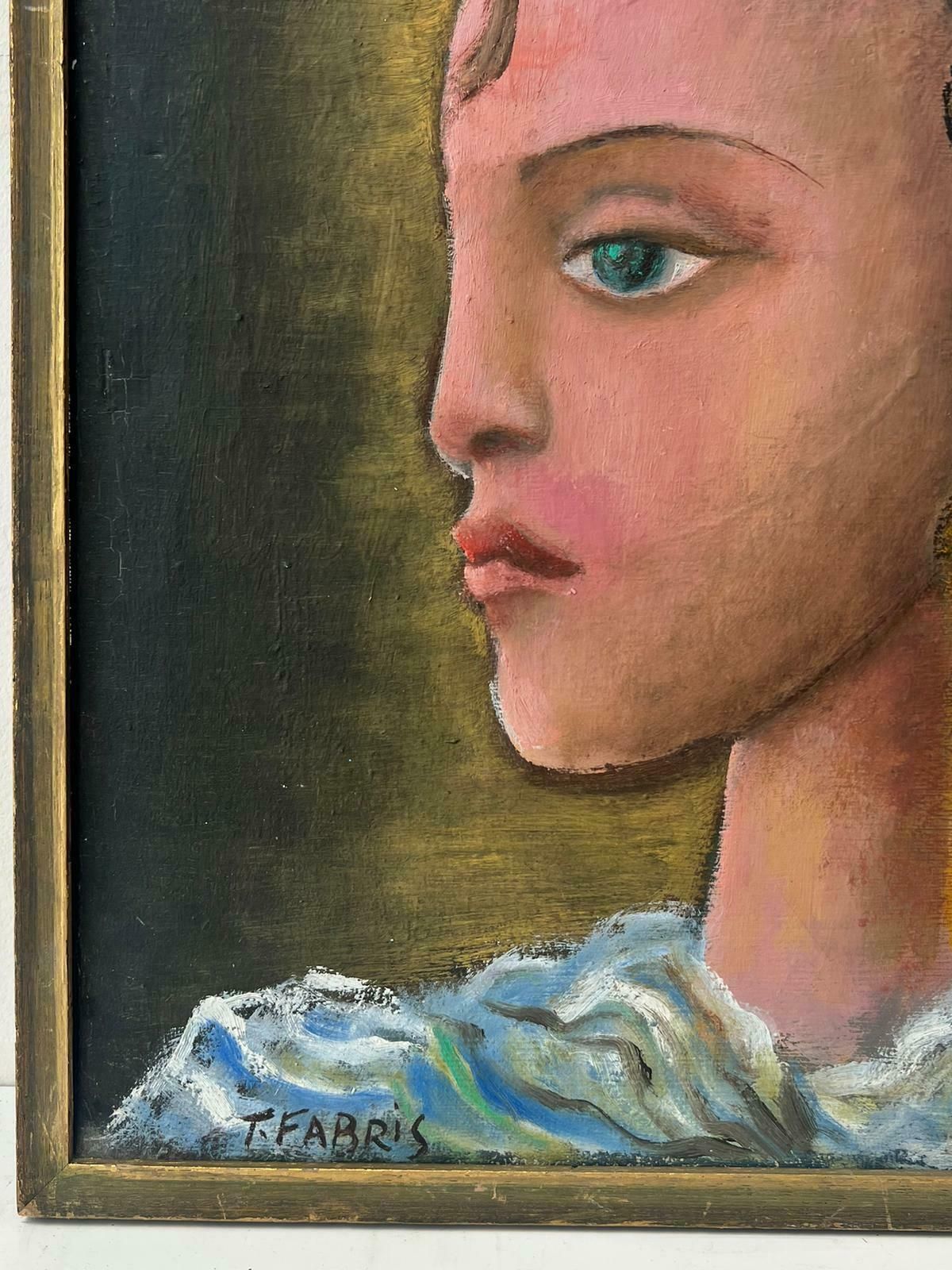 T. Fabris20th Century French Modernist Signed Oil Painting Portrait Of Young Girl Green1970's photo Art