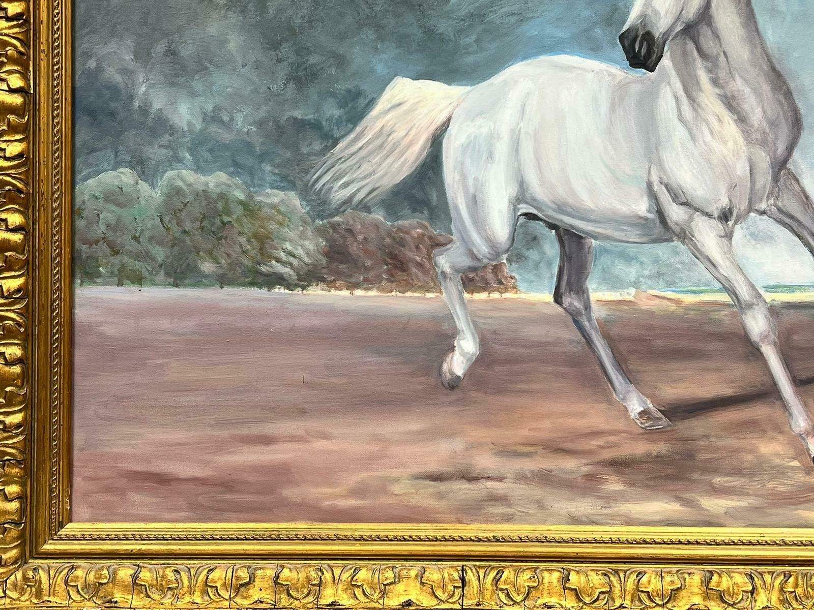 British Schoolarabian White Horse Prancing In Landscape, Huge Original Oil Painting photo for sale