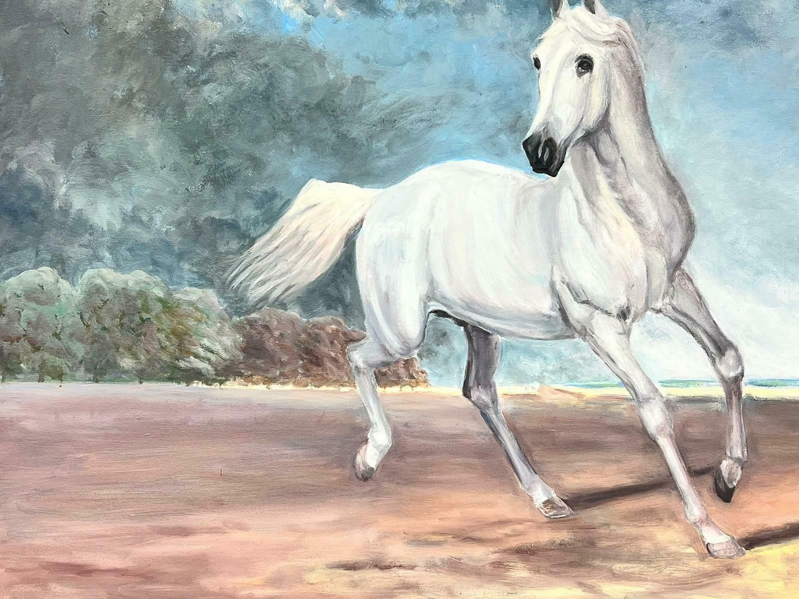 British Schoolarabian White Horse Prancing In Landscape, Huge Original Oil Painting photo Art