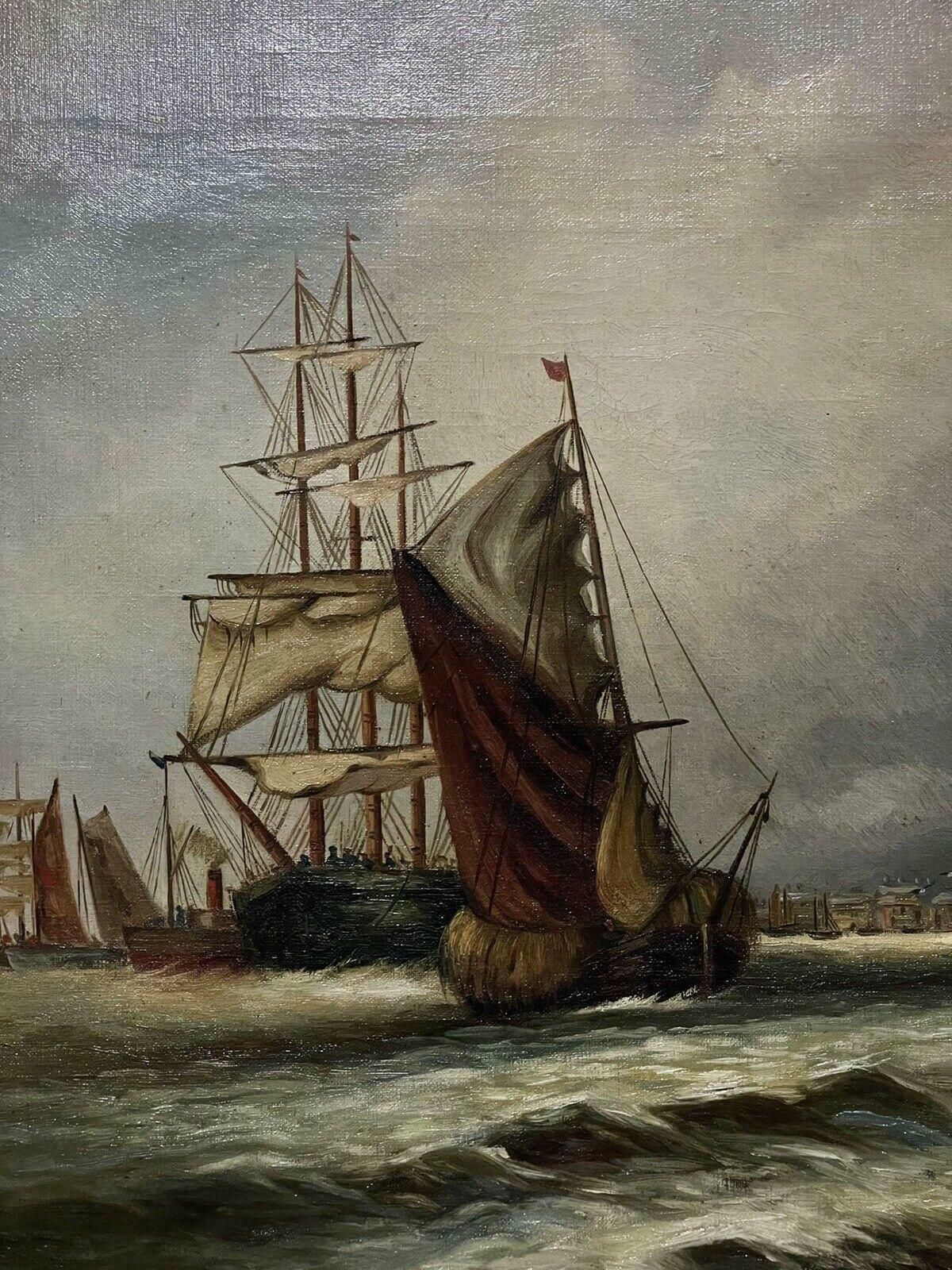 English Antiqueantique Signed & Dated 1903 Oil Painting Busy Shipping River Port City Buildingsc. 1903 photo for sale
