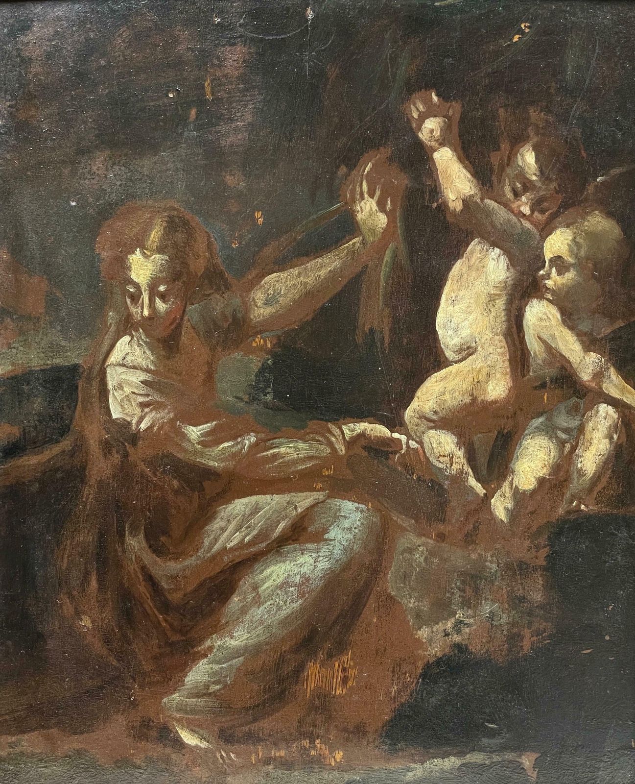 Italian 17th Centuryangelic Cherubs With Classical Figure In Wilderness Finely Painted Preparatory