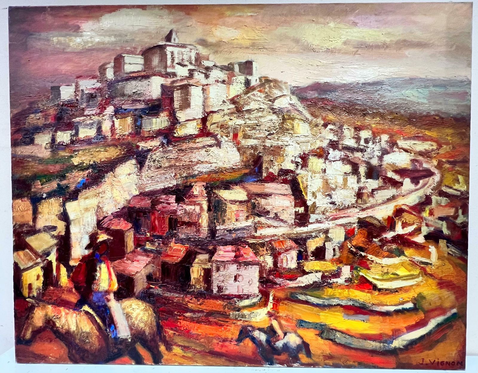 Josine Vignonhuge French Post Impressionist 1950's Oil Horse Riders Hill Top Spanish Village1950's photo furniture