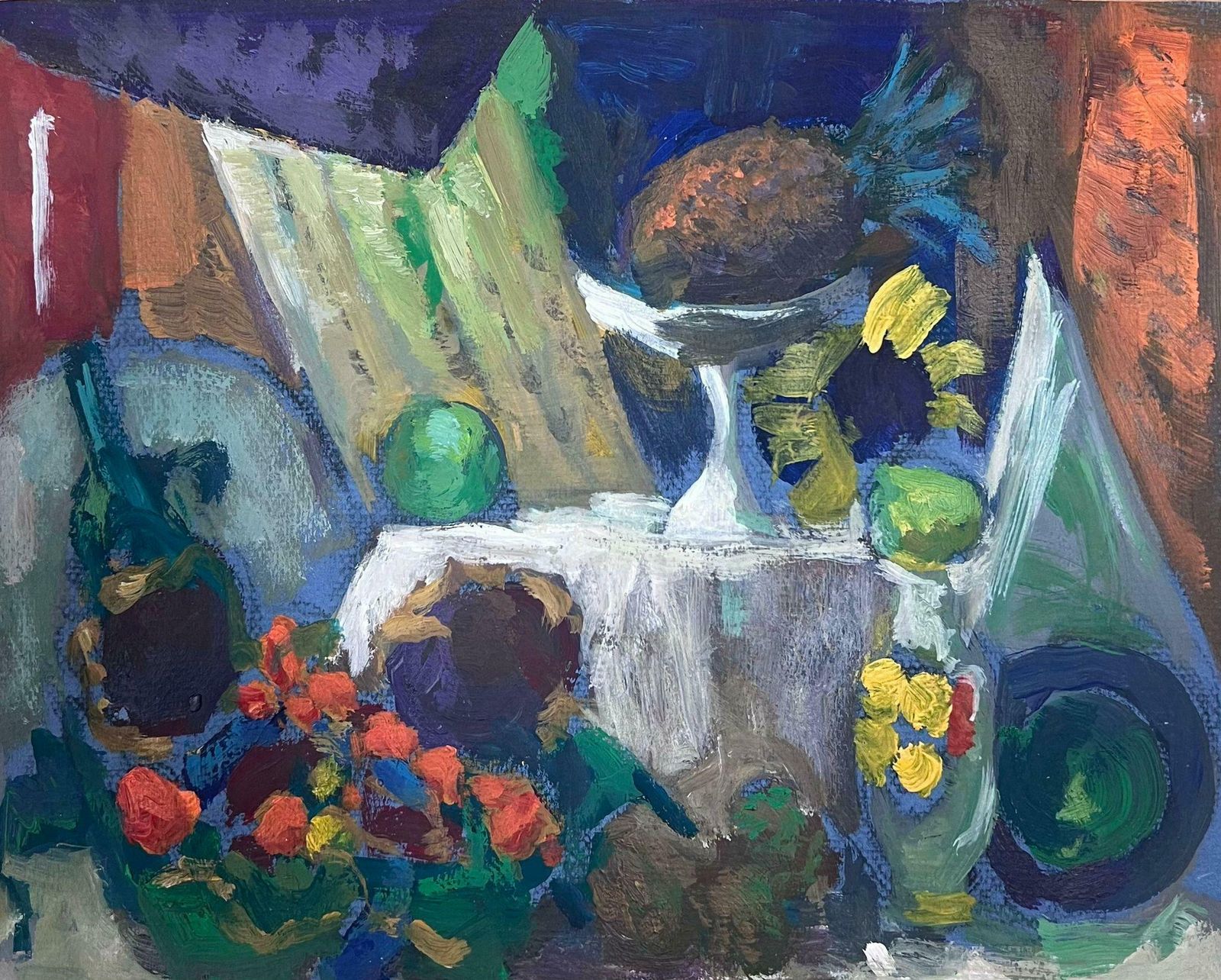Guy Nicod 1970's French Modernist Still Life Table Ornaments Pineapples And Sunflowers