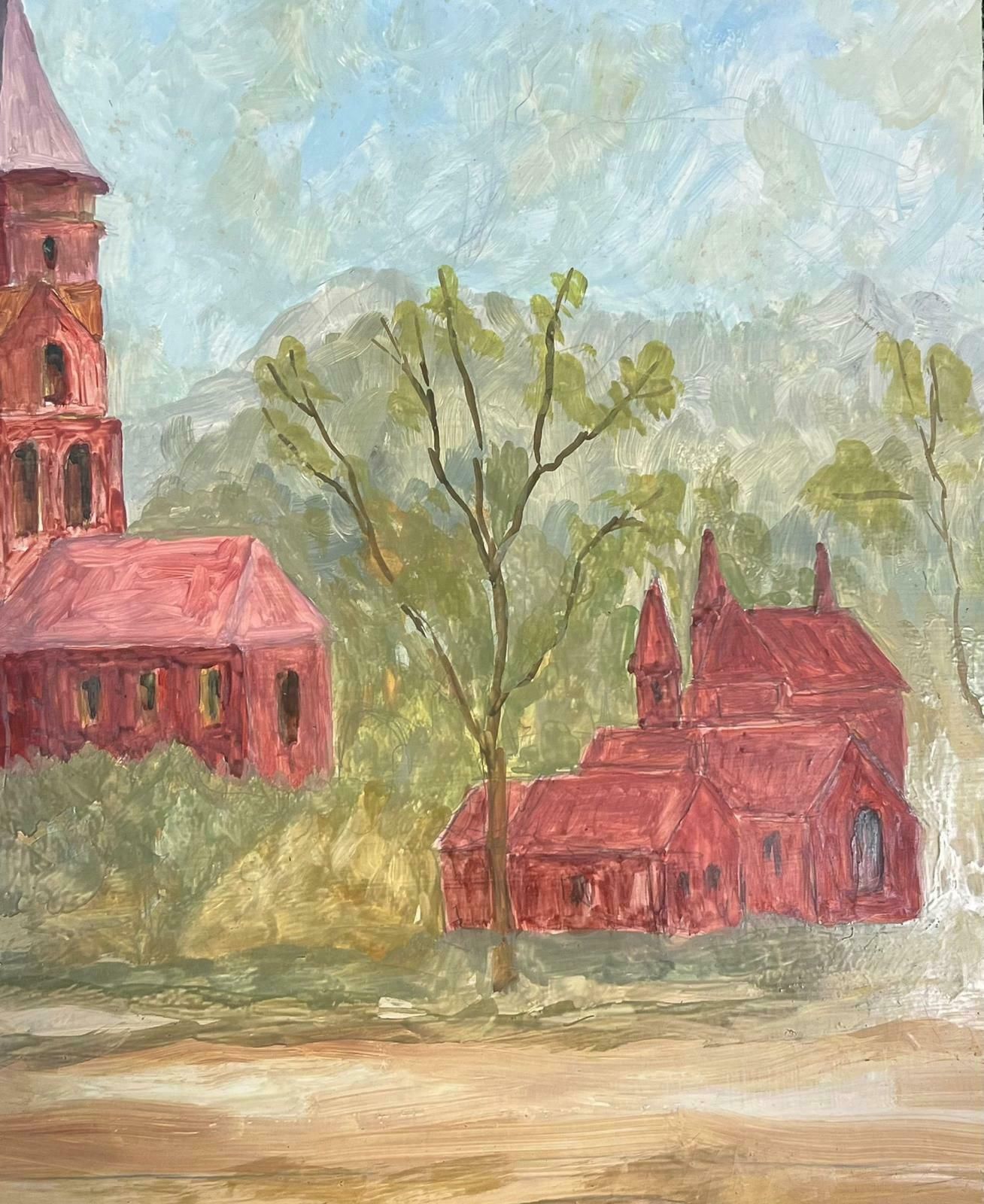 Bernard Labbe1950's French Modernist Oil Painting Red Church Towers In Tree Landscape1950's photo Art