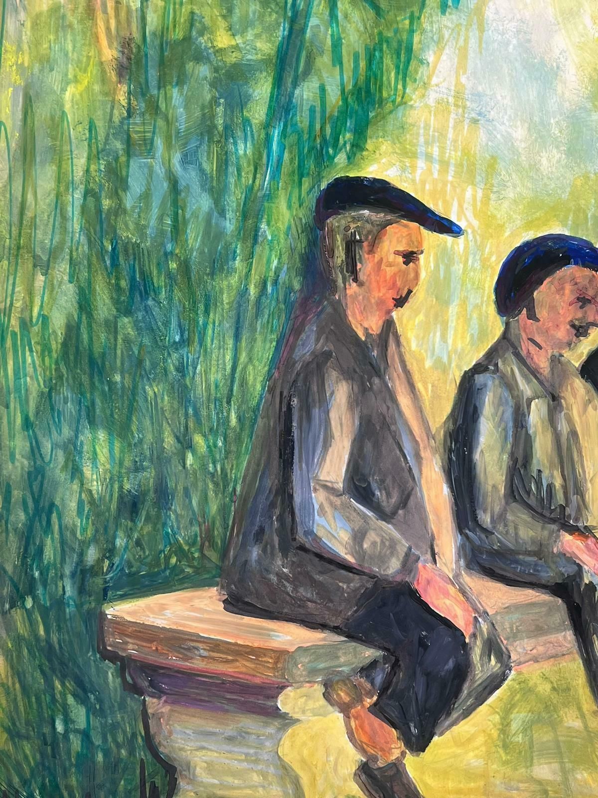 Bernard Labbe20th Century French Modernist Painting Three Men In Black Beret's On Bench1970's photo for sale
