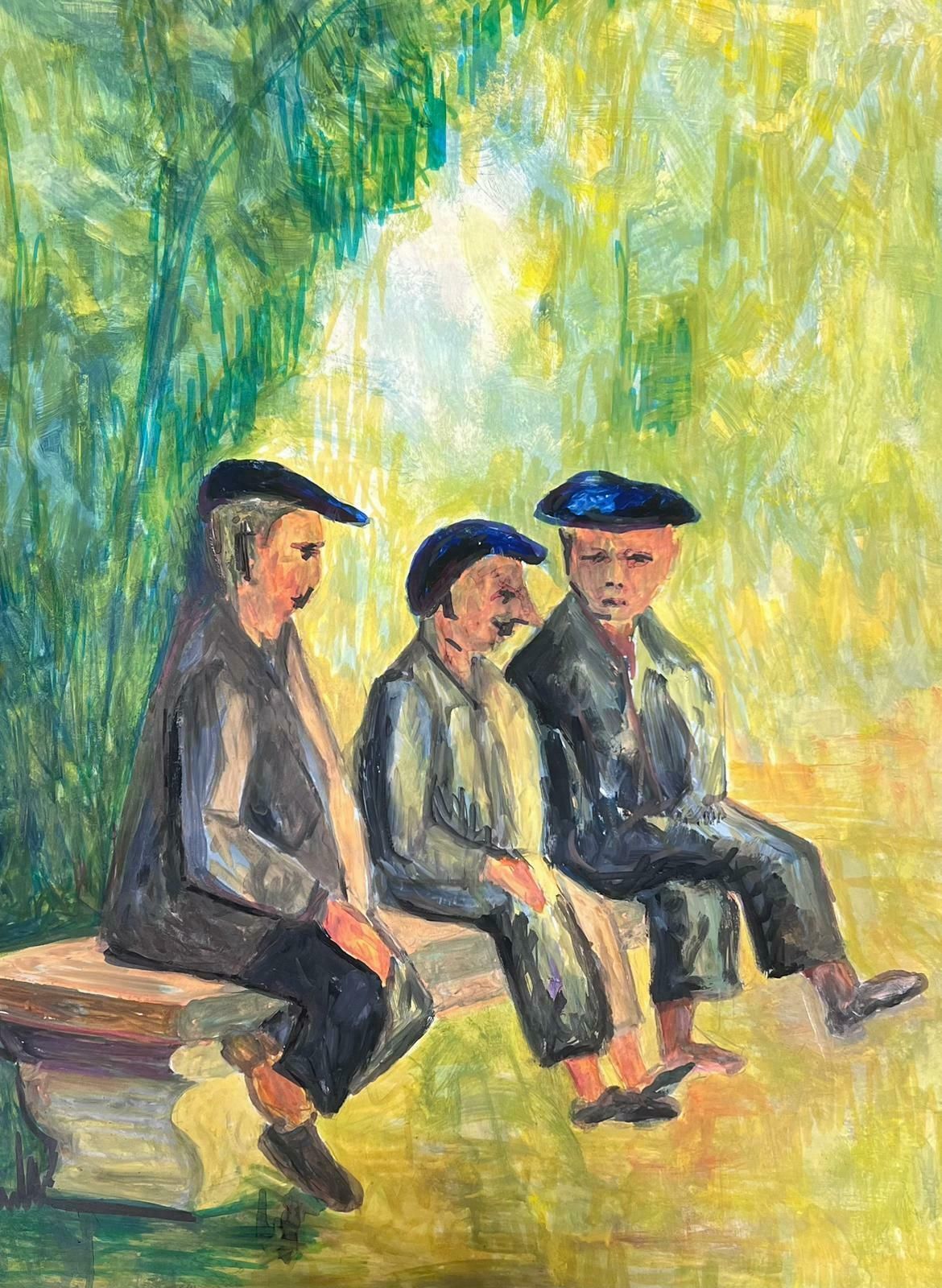 Bernard Labbe20th Century French Modernist Painting Three Men In Black Beret's On Bench1970's photo 408.0