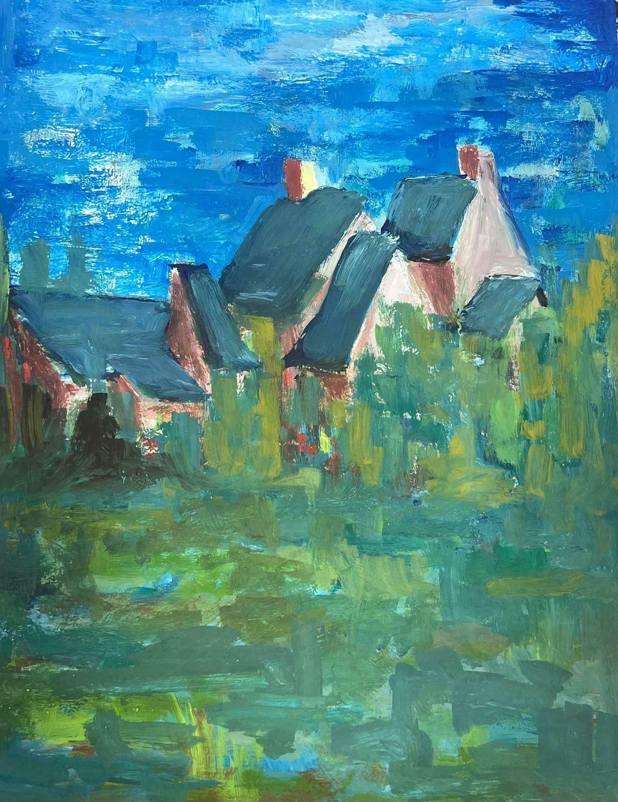 Bernard Labbe20th Century Modernist Painting Blue Roof Buildings In Bright Blue Sky Fields1950's