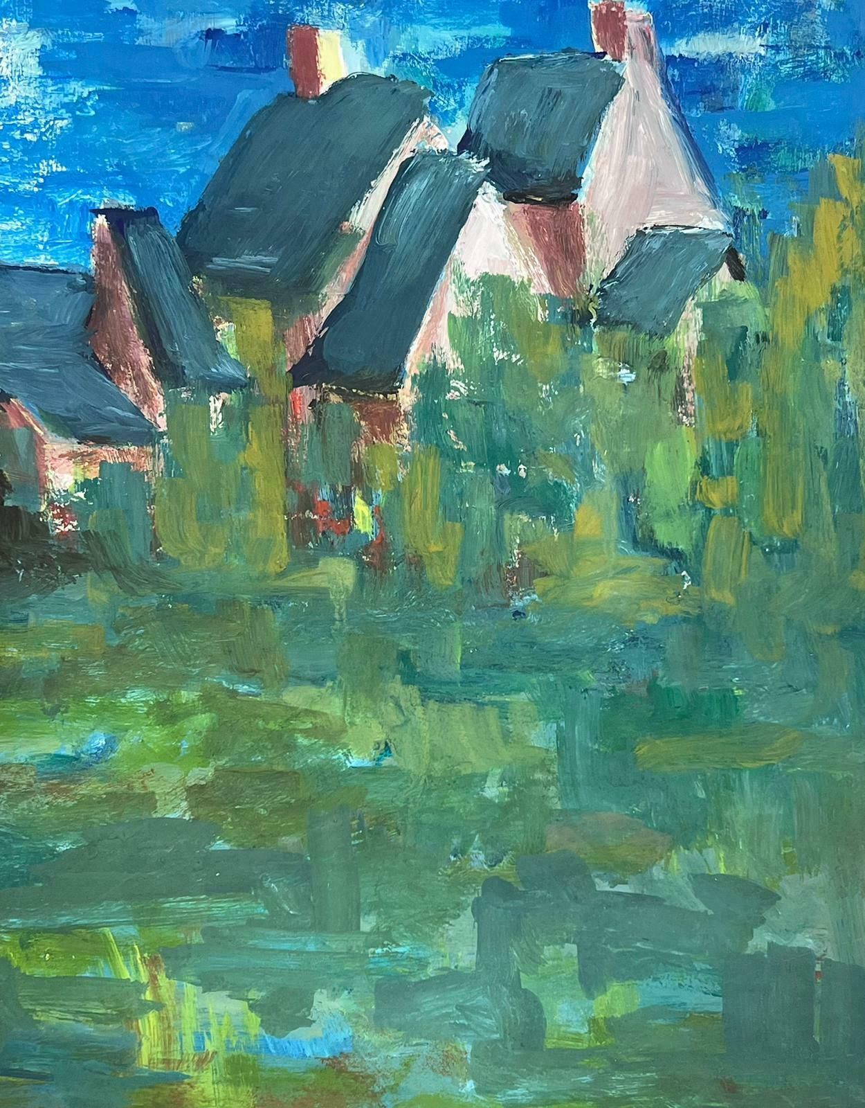 Bernard Labbe20th Century Modernist Painting Blue Roof Buildings In Bright Blue Sky Fields1950's photo furniture