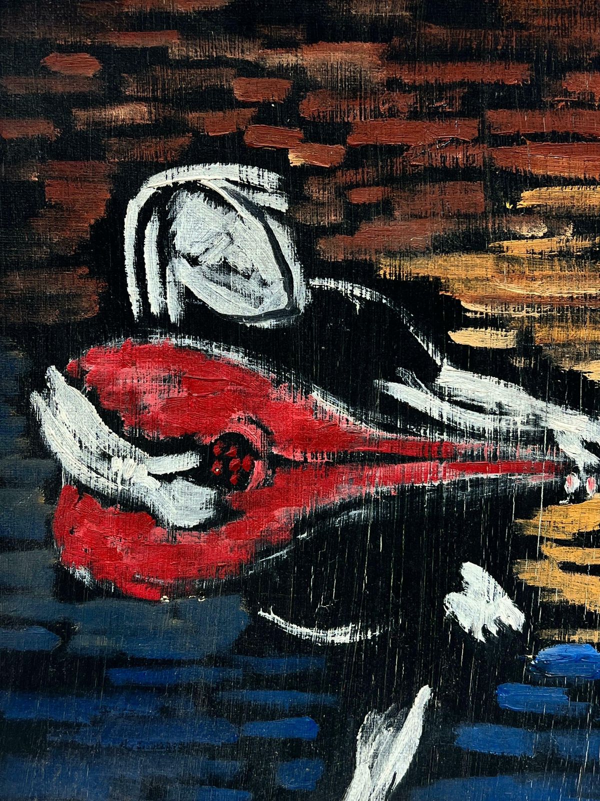 French School20th Century French Expressionist Signed Oil Figure Playing Guitar photo furniture