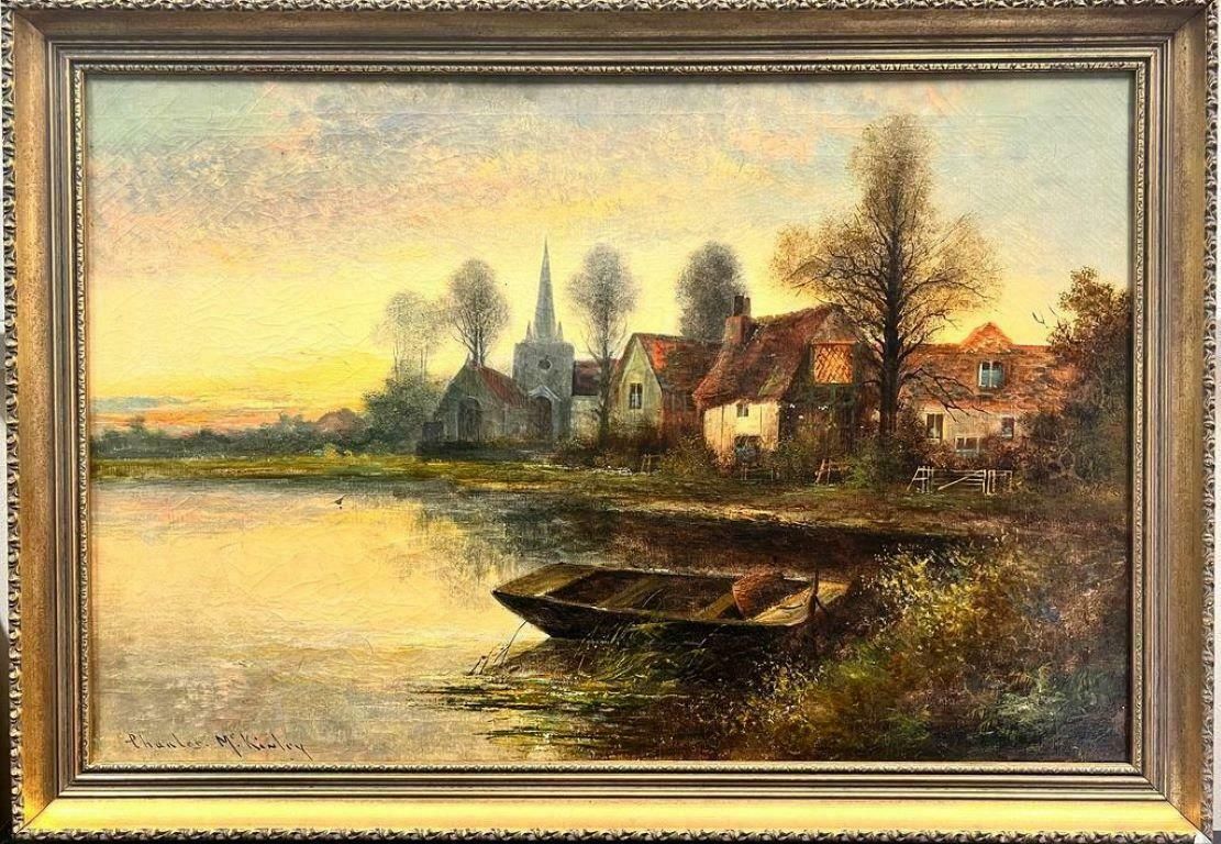 Charles M.C Kinleyantique English Signed Oil Sunset River Landscape Boat Old Church & Buildings