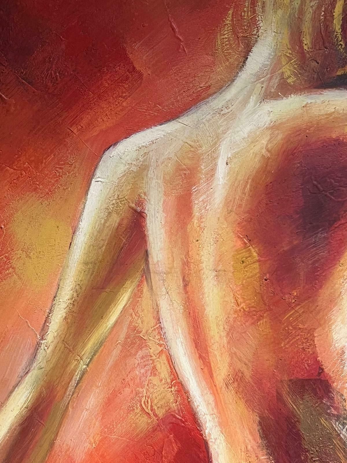 European Artisthuge Contemporary Oil Painting Nude Lady Against Red Background Signed photo for sale