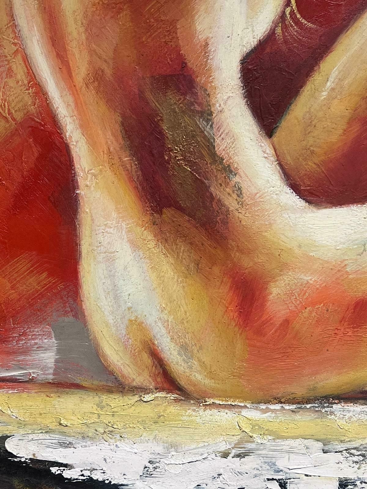 European Artisthuge Contemporary Oil Painting Nude Lady Against Red Background Signed photo Art