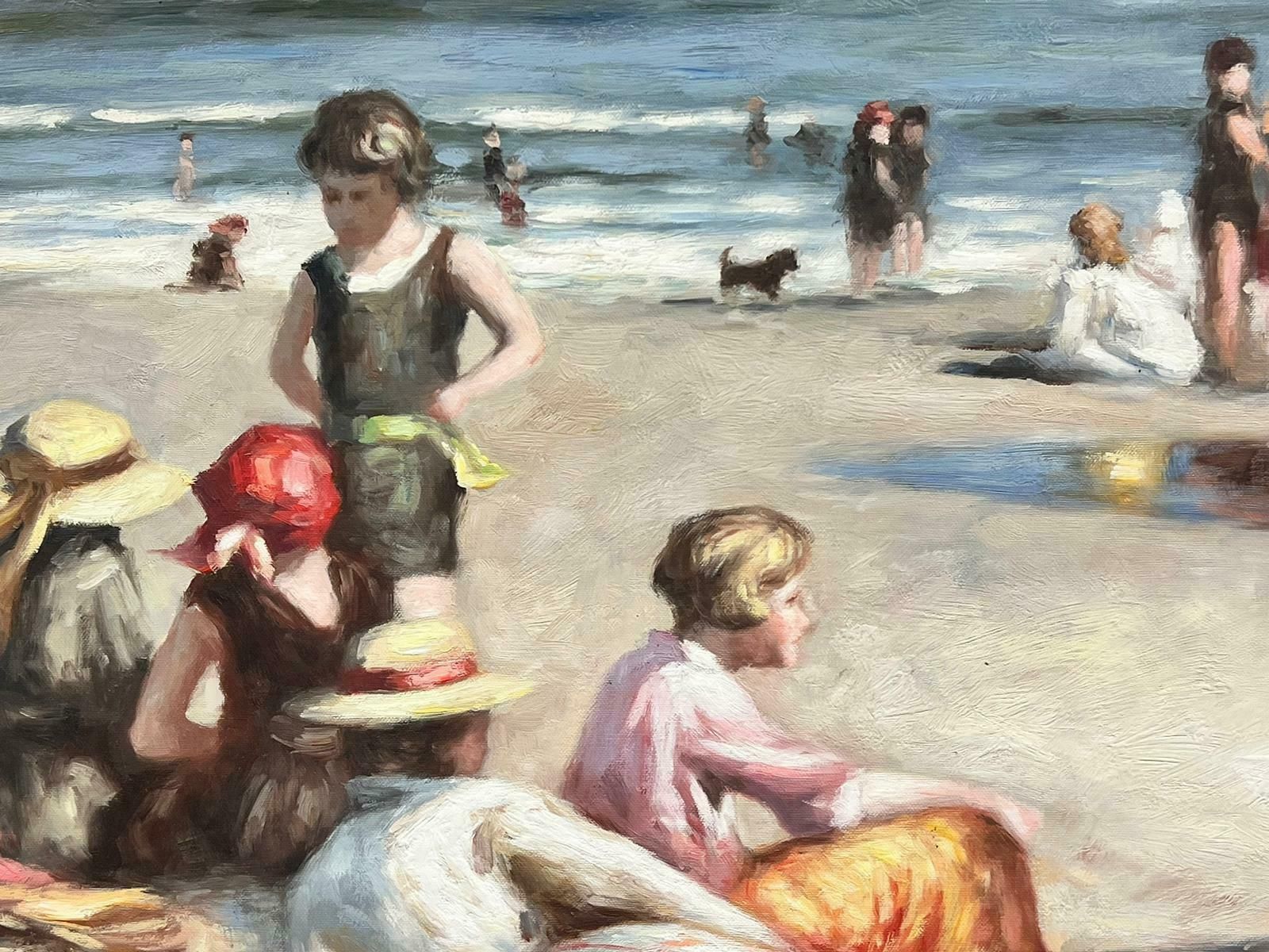 English Schoolelegant Families Enjoying Sunny Day On Beach, Vintage English Oil Painting photo Art