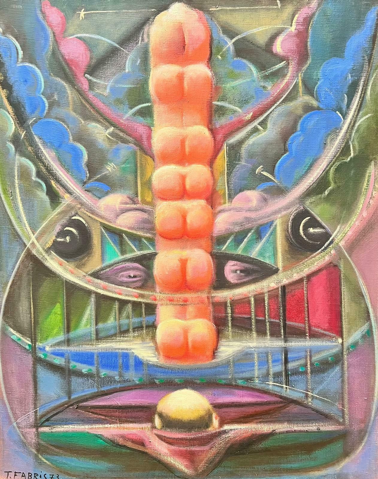 T. Fabris1970’s French Large Surrealist Abstract Oil Painting Pink Green Blues1973