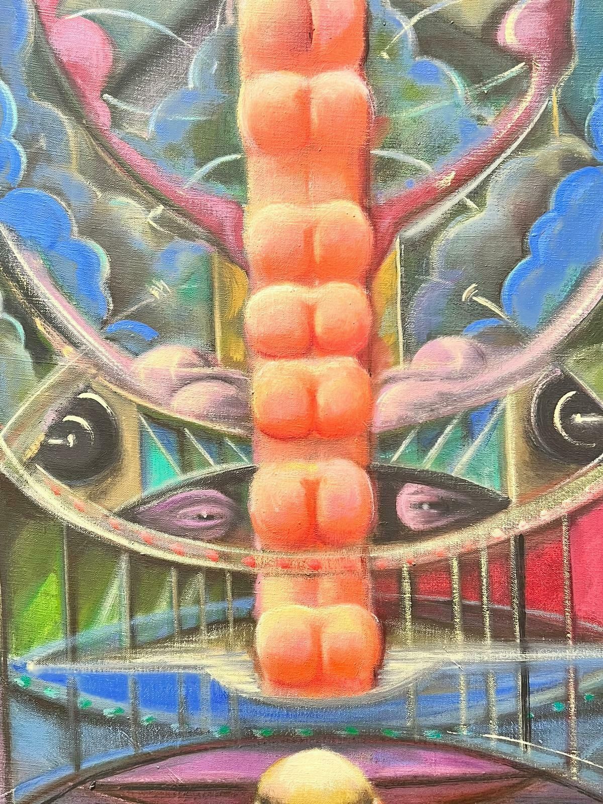 T. Fabris1970’s French Large Surrealist Abstract Oil Painting Pink Green Blues1973 photo 1377.0