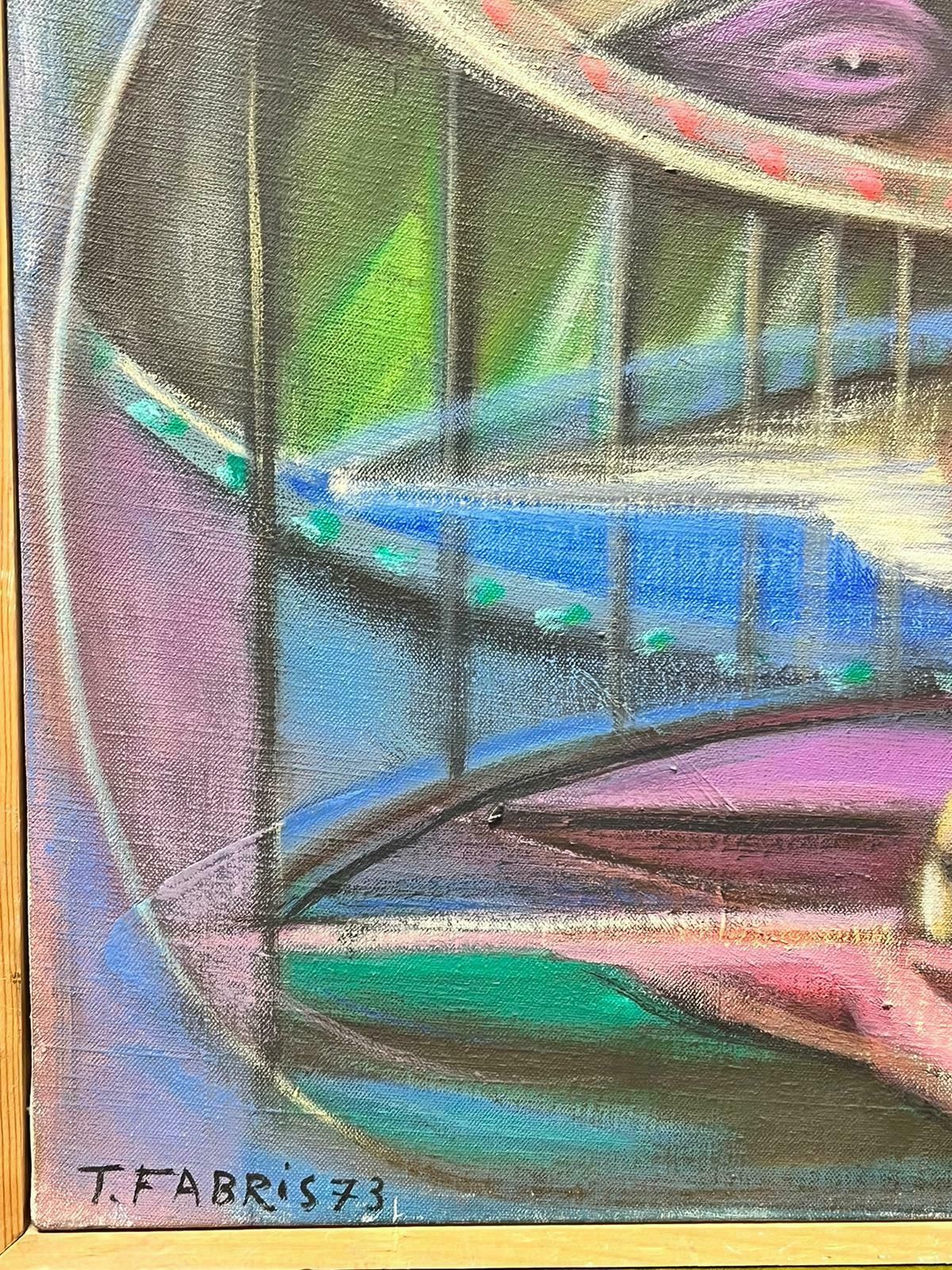 T. Fabris1970’s French Large Surrealist Abstract Oil Painting Pink Green Blues1973 photo vinterior