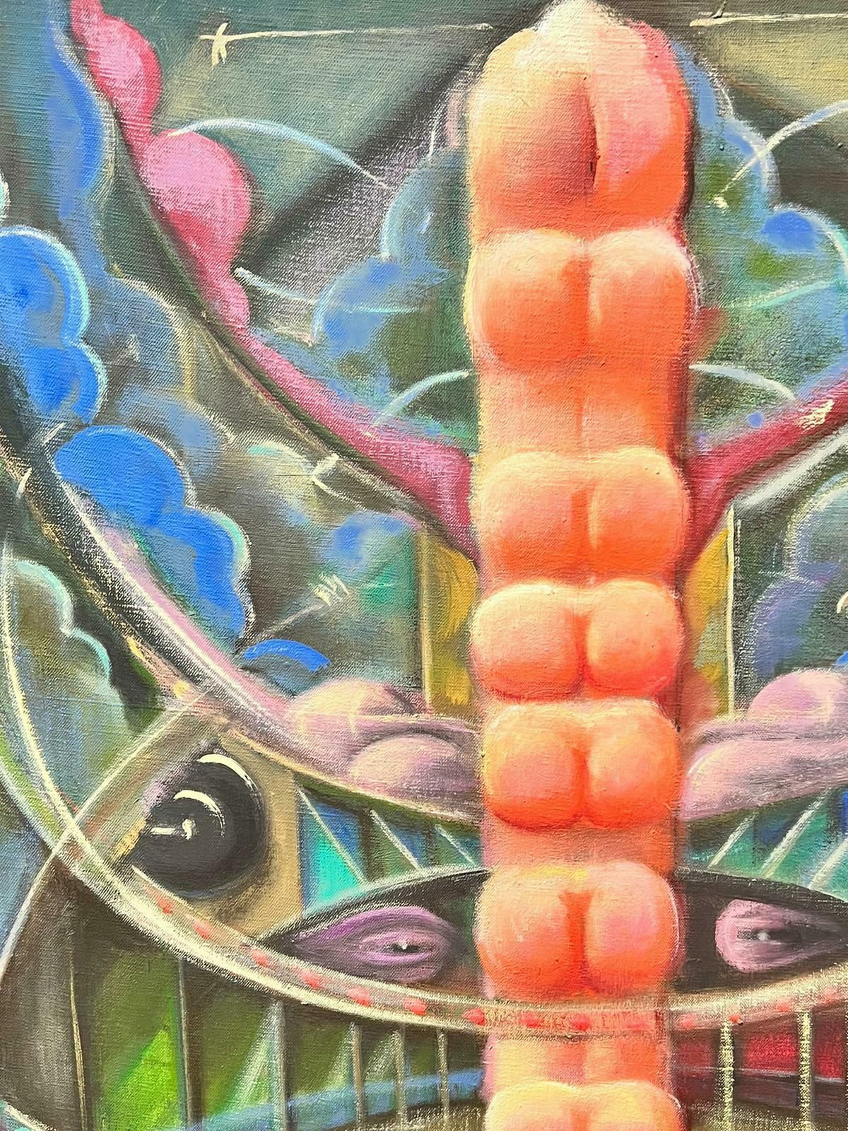 T. Fabris1970’s French Large Surrealist Abstract Oil Painting Pink Green Blues1973 photo buy