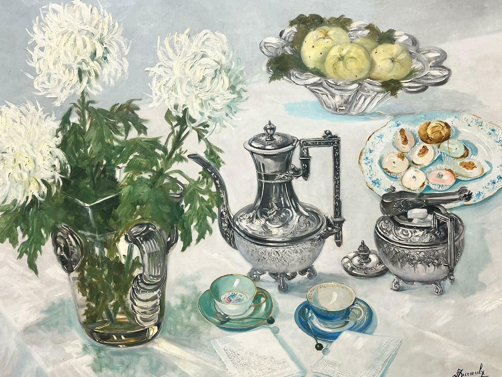 French Schoolmid Century French Oil Painting Fine Silver & China Tea Table Interior Signed photo furniture