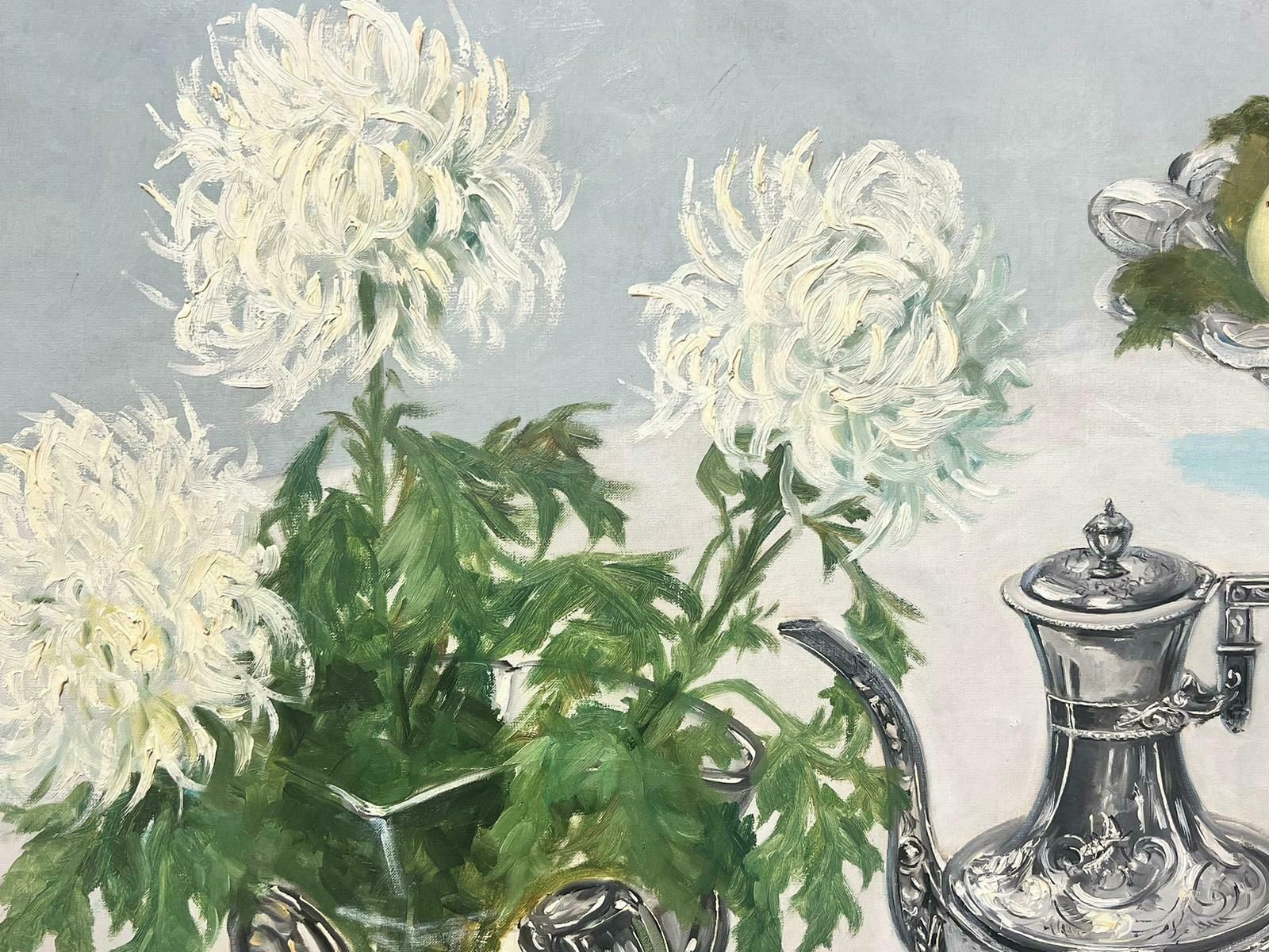 French Schoolmid Century French Oil Painting Fine Silver & China Tea Table Interior Signed photo Art