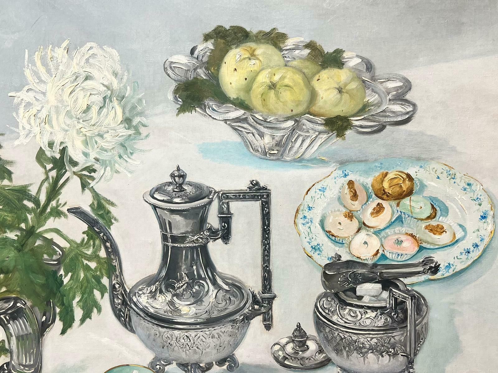 French Schoolmid Century French Oil Painting Fine Silver & China Tea Table Interior Signed photo 1015.0