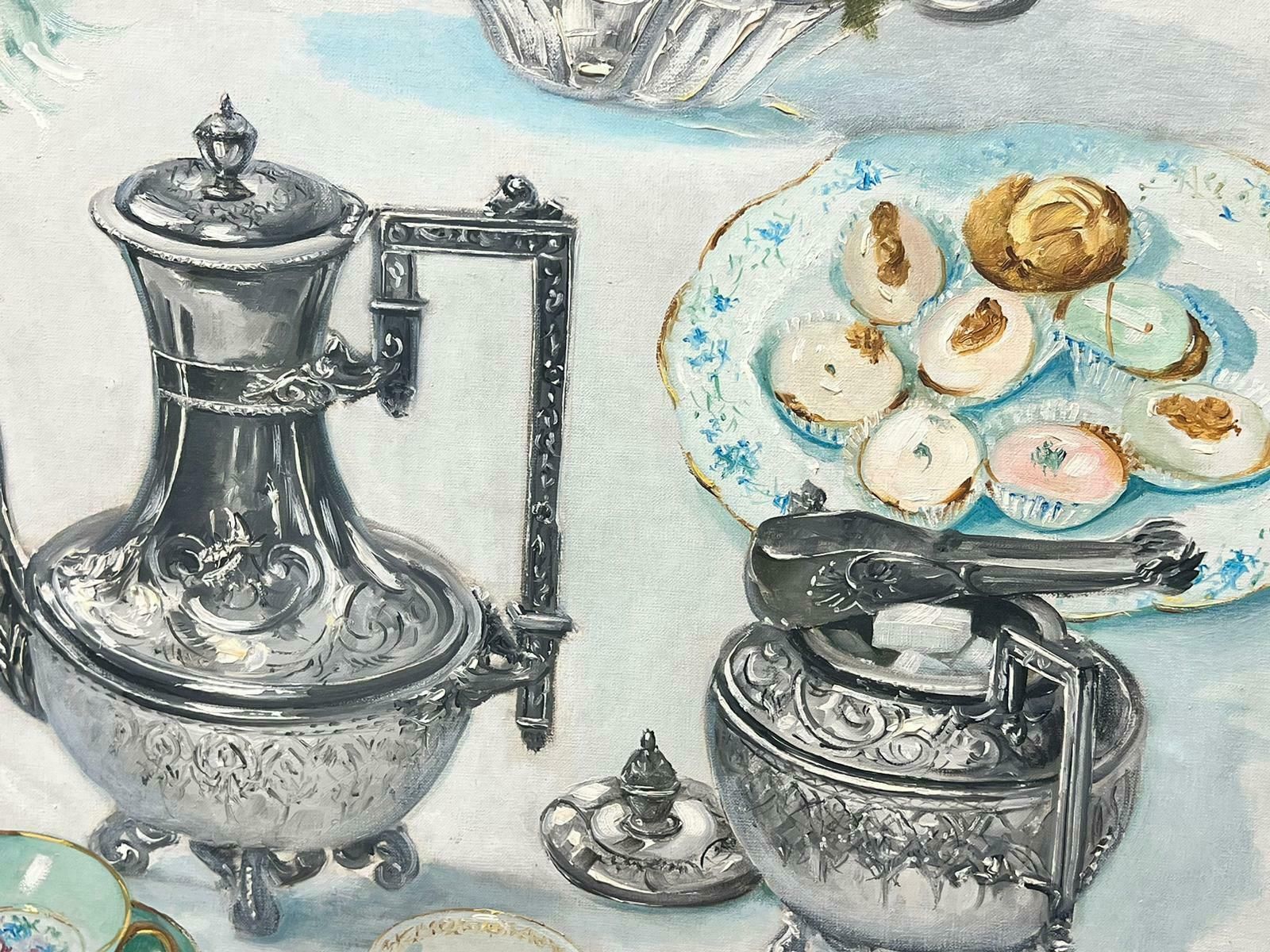 French Schoolmid Century French Oil Painting Fine Silver & China Tea Table Interior Signed photo vinterior