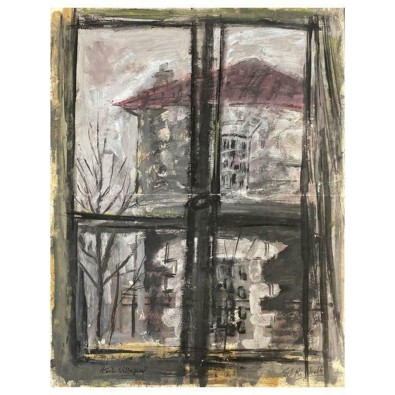 édouard Righetti (1924 2001)mid Century French Post Impressionist Painting, Grey Skies Through Window1950's