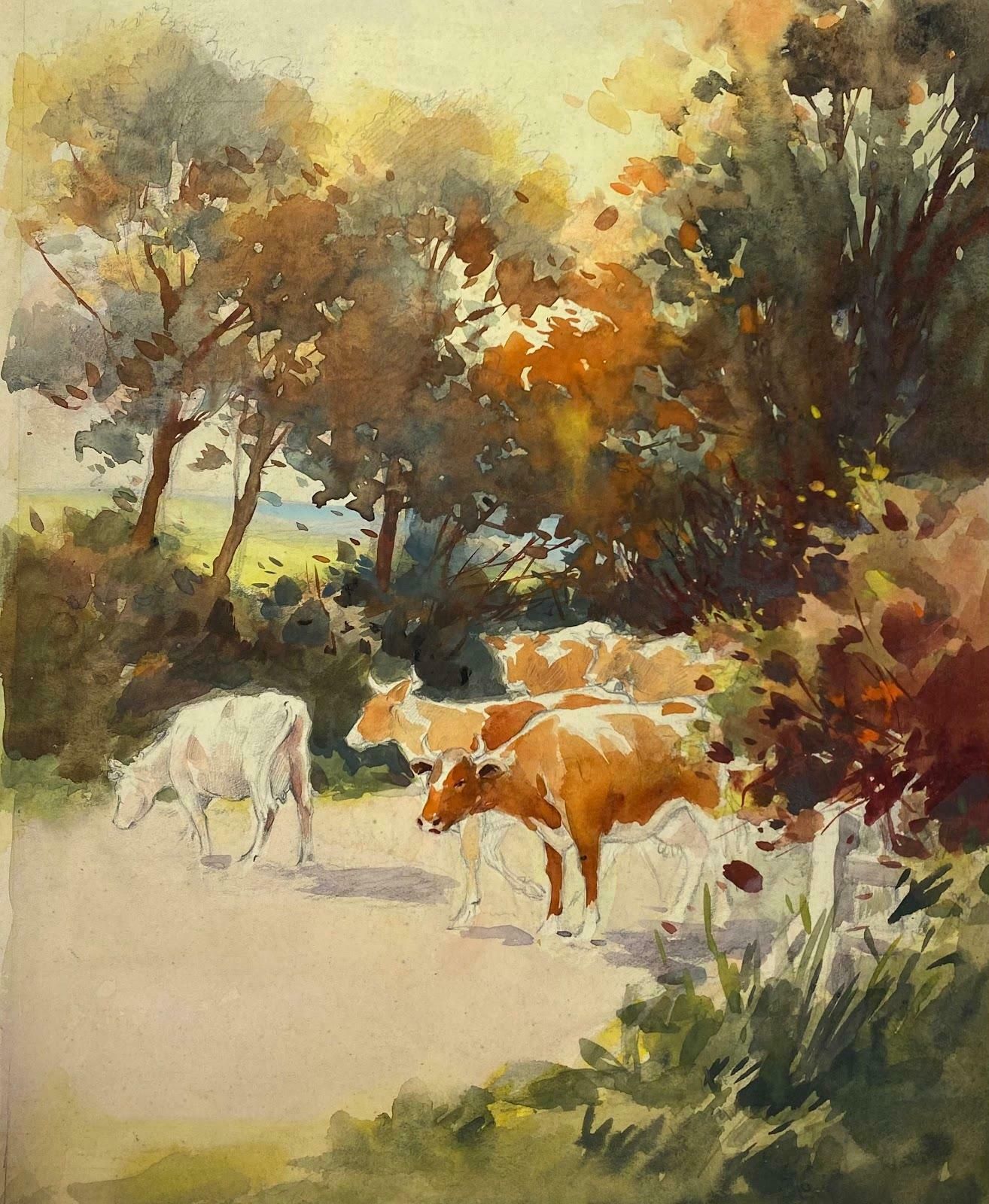 Frank Duffieldbritish Impressionist Painting Autuminal Landscape Cattle Crossing The Road Mid 20th Century
