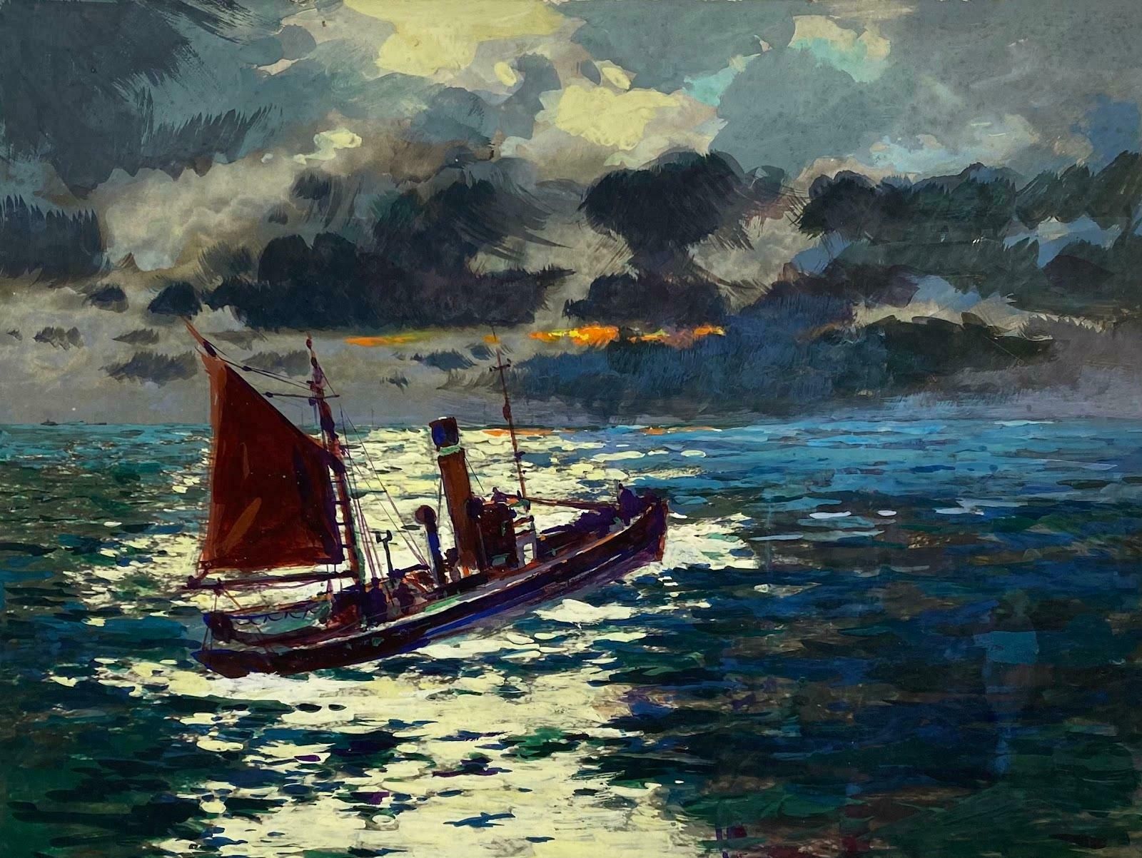 Frank Duffieldbritish Painting Moonlight Reflecting On The Water With Fishing Trawler Scenemid 20th Century