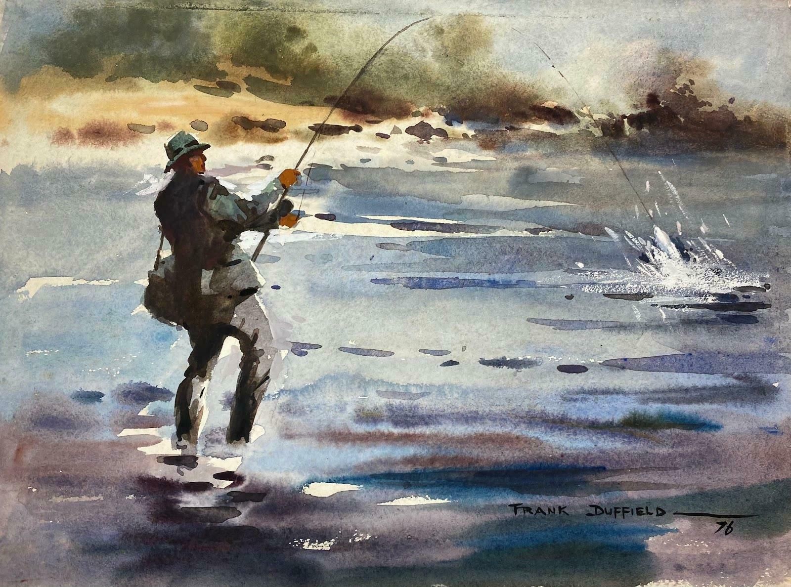 Frank Duffielddouble Sided British Painting Bridge Figure Flyfishing In The Shallow Waters Mid 20th Century