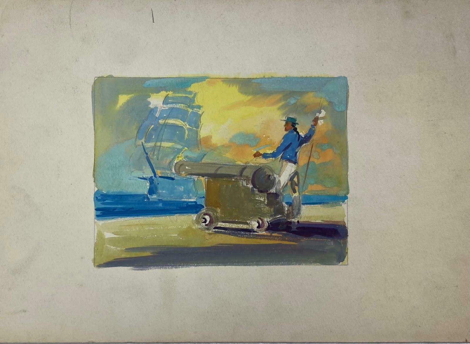 Frank Duffieldbritish Impressionist Painting Figure With Cannon Waiting At The Port Mid 20th Century photo furniture
