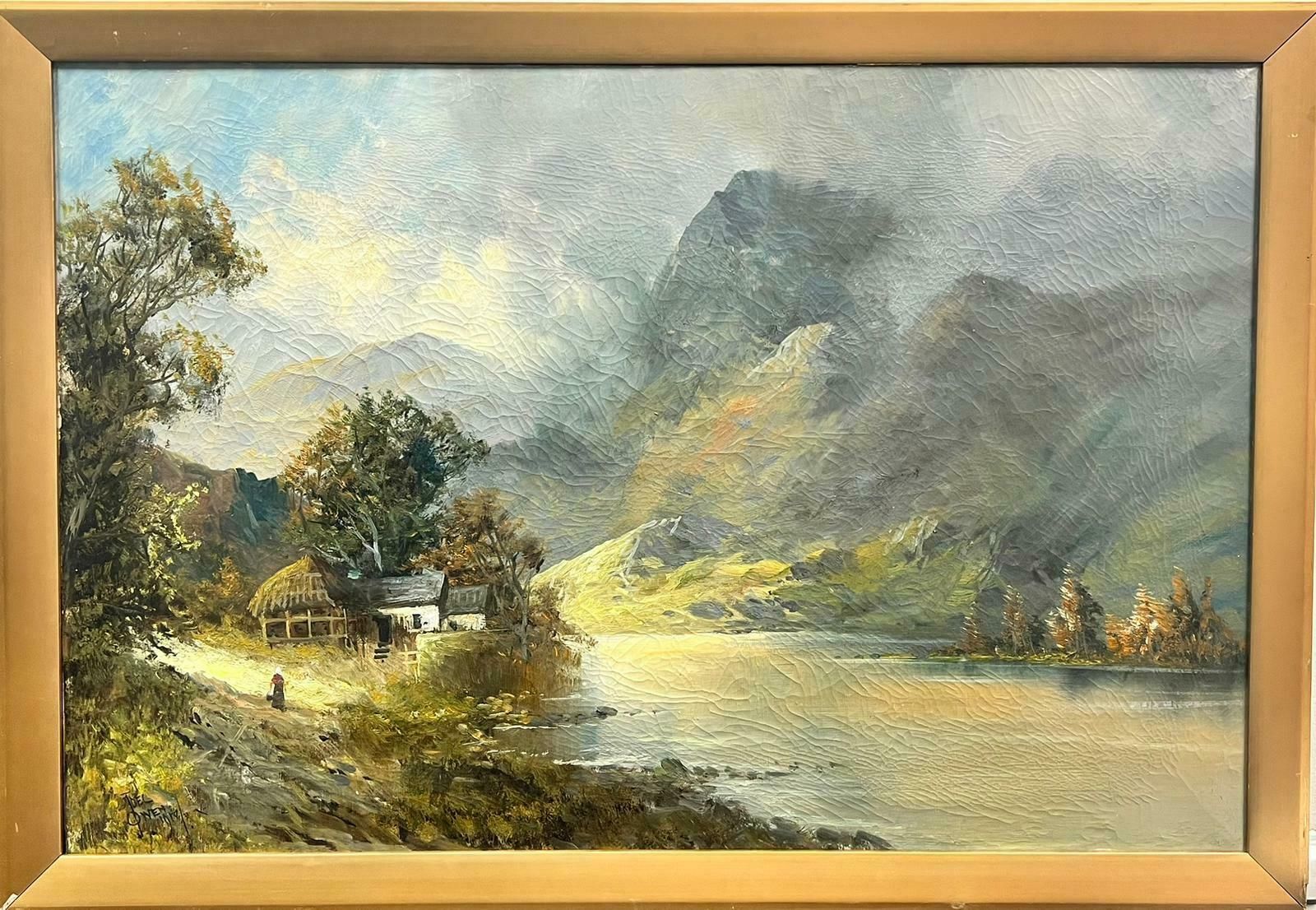 Joel Owenantique Scottish Highlands Loch Landscape Figure By Cottage Signed Oil1918 photo furniture