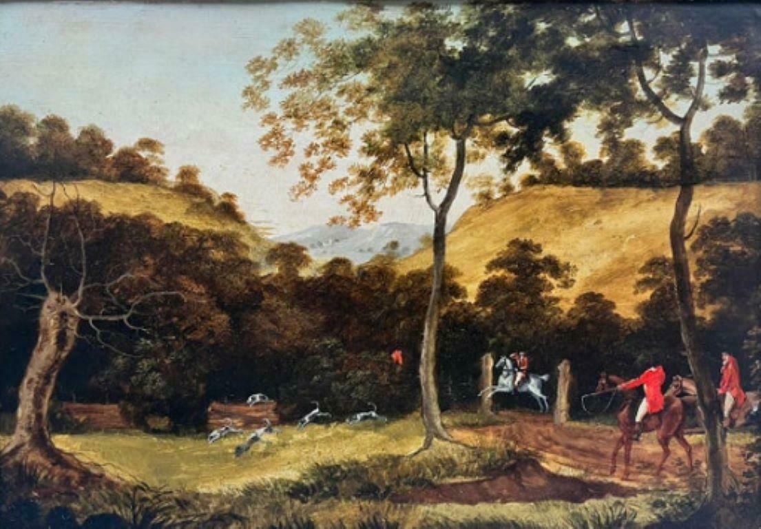 19th Century English School1850’s English Hunting Countryside Oil Huntsman On Horseback And Hounds